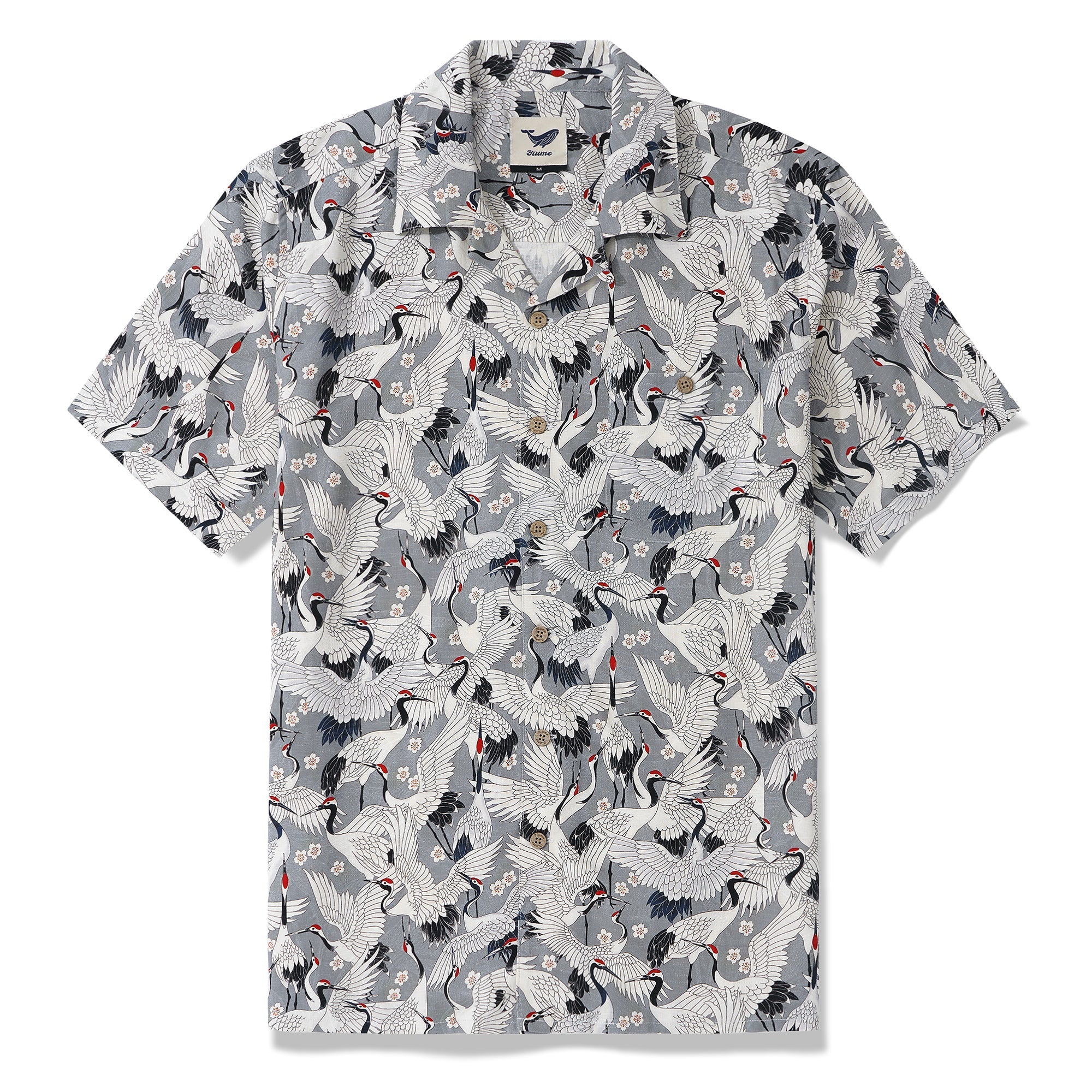 Men's Hawaiian Shirt Short Sleeve Camp Collar 100% Silk Gray Aloha The Feast Of Cranes By Seven