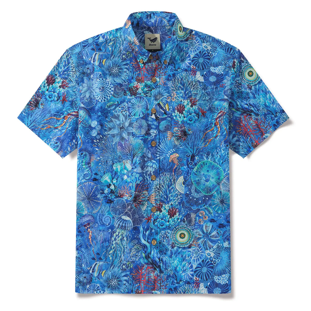 Men's Hawaiian Shirt Short Sleeve Button-down 100% Cotton Blue Aloha Watercolor Undersea Reverie By Cigar
