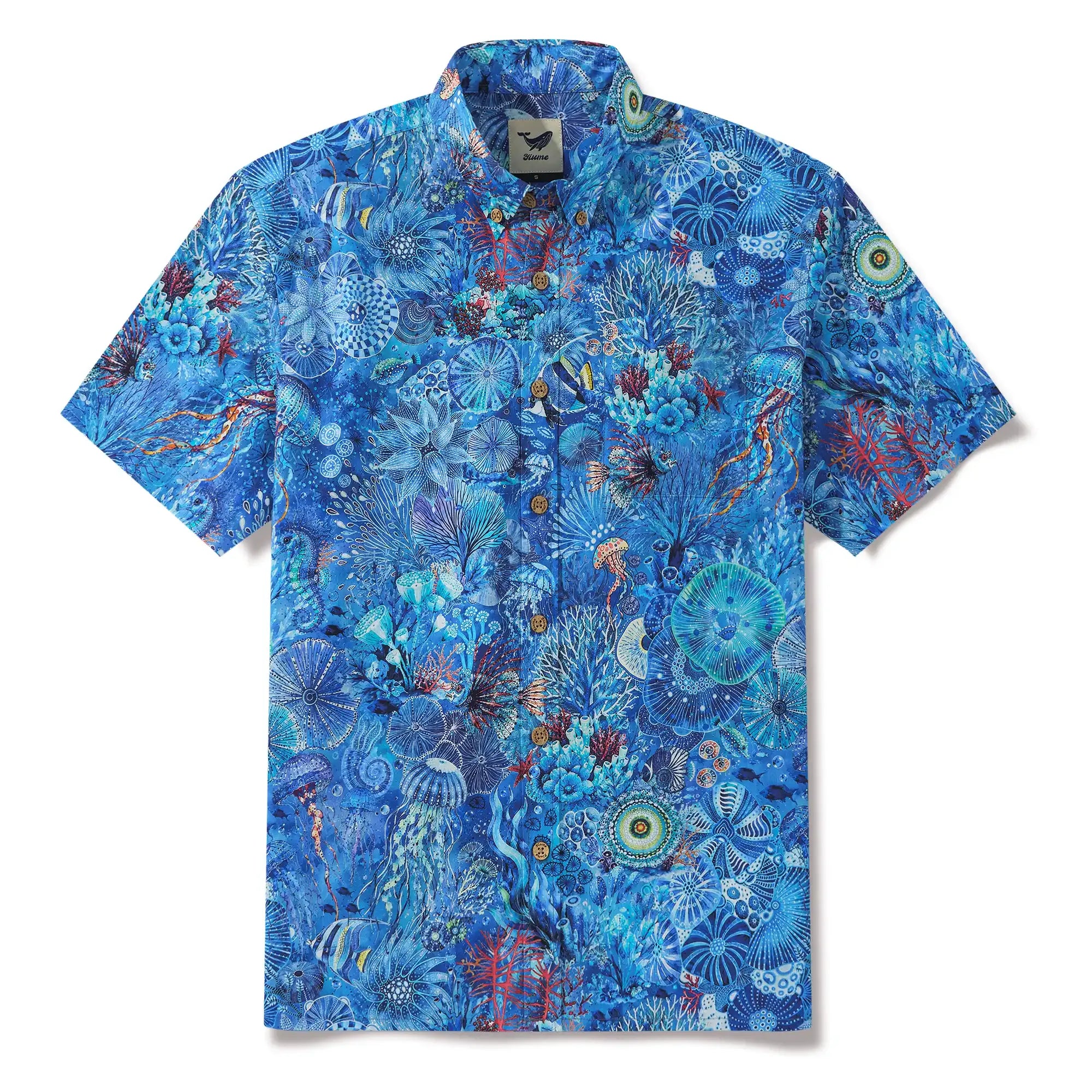 Men's Hawaiian Shirt Short Sleeve Button-down 100% Cotton Blue Aloha Watercolor Undersea Reverie By Cigar