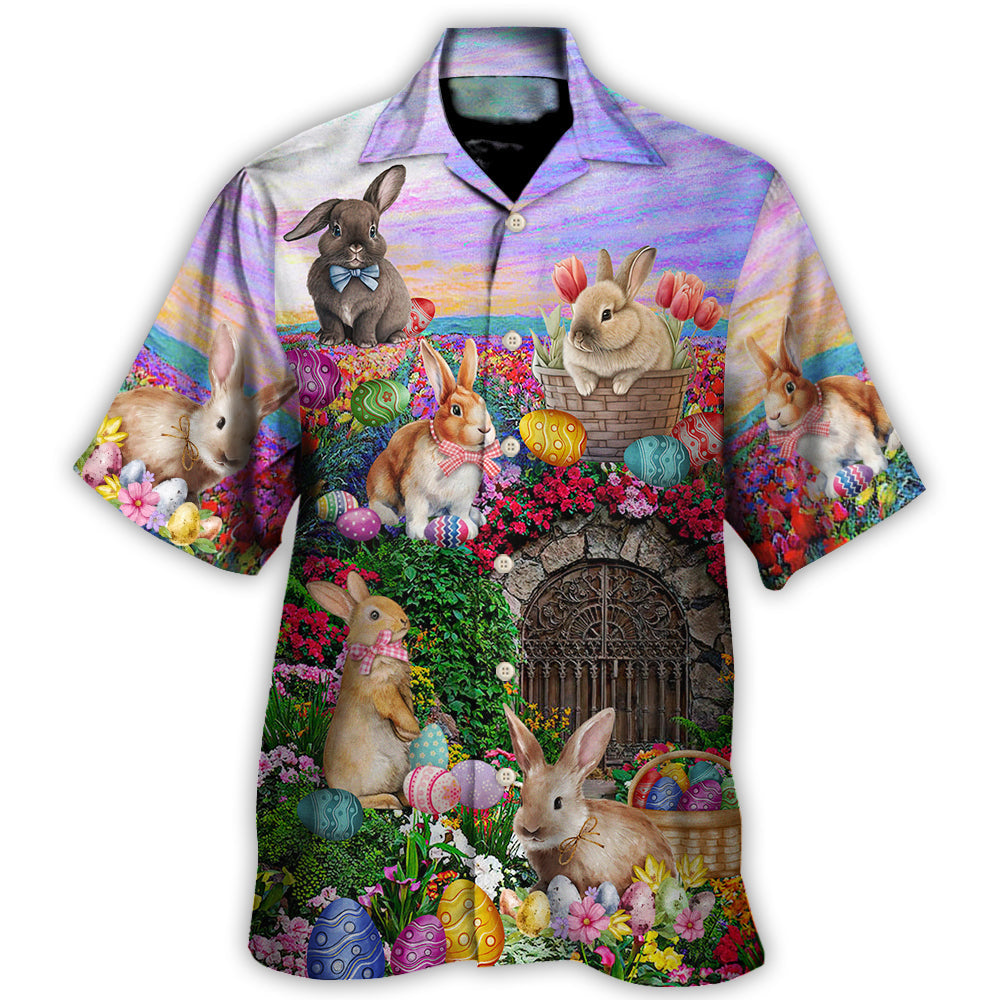 Easter Rabbit Chilling In The Flower Landscape Watercolor Style - Hawaiian Shirt
