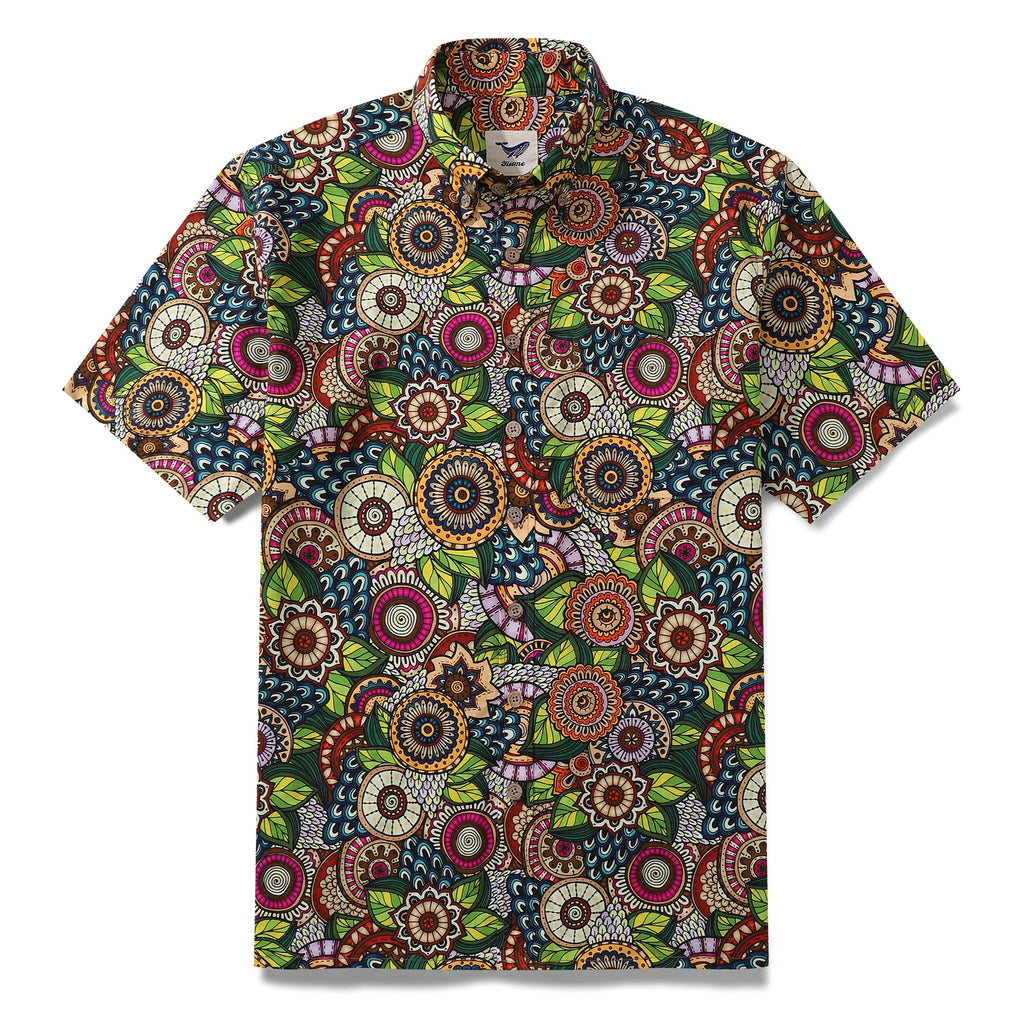 Mandala Hawaiian Shirt For Men Bohemian Florals Print Shirt Button-down Short Sleeve 100% Cotton Shirt By Cigar