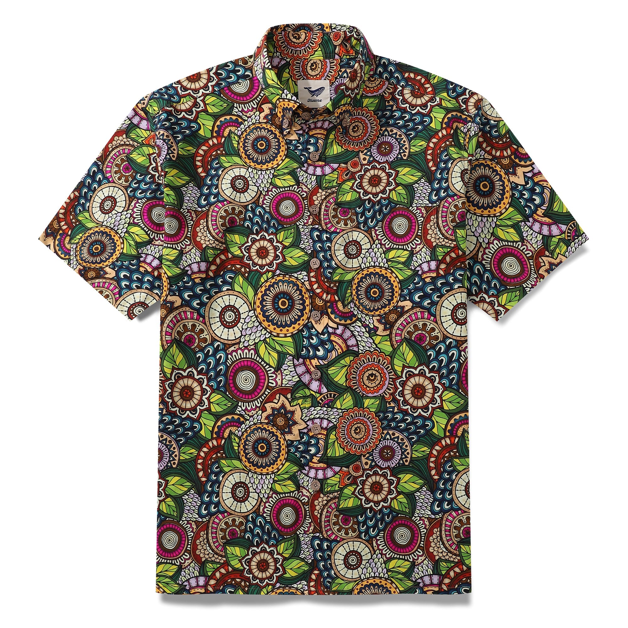 Mandala Hawaiian Shirt For Men Bohemian Florals Print Shirt Button-down Short Sleeve 100% Cotton Shirt By Cigar