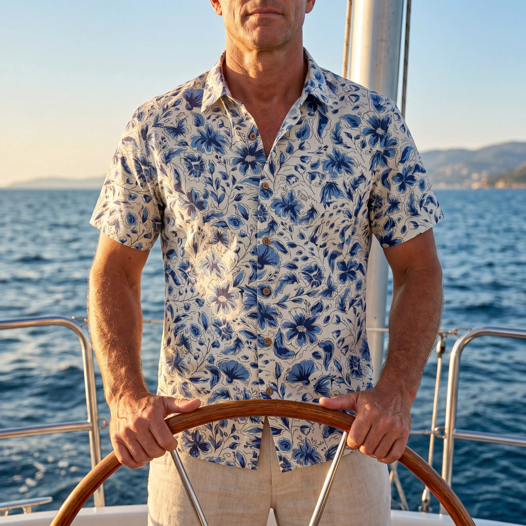 LeosWare® Men's Hawaiian Shirt Short Sleeve Button-up 100% Cotton Blue Aloha Indigo Blooms By Huan huan