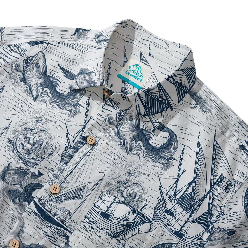 LeosWare® Myth Men's Hawaiian Shirt Short Sleeve Button-up 100% Cotton Blue Aloha Antiquity Sea Expedition By Ann