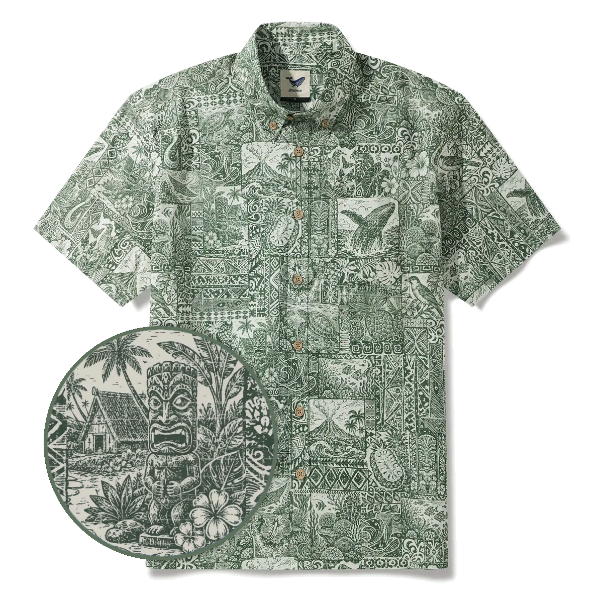 Men's Hawaiian Shirt Short Sleeve Button-down 100% Cotton Green Aloha Tiki Isle Archive - Sage green By Cigar