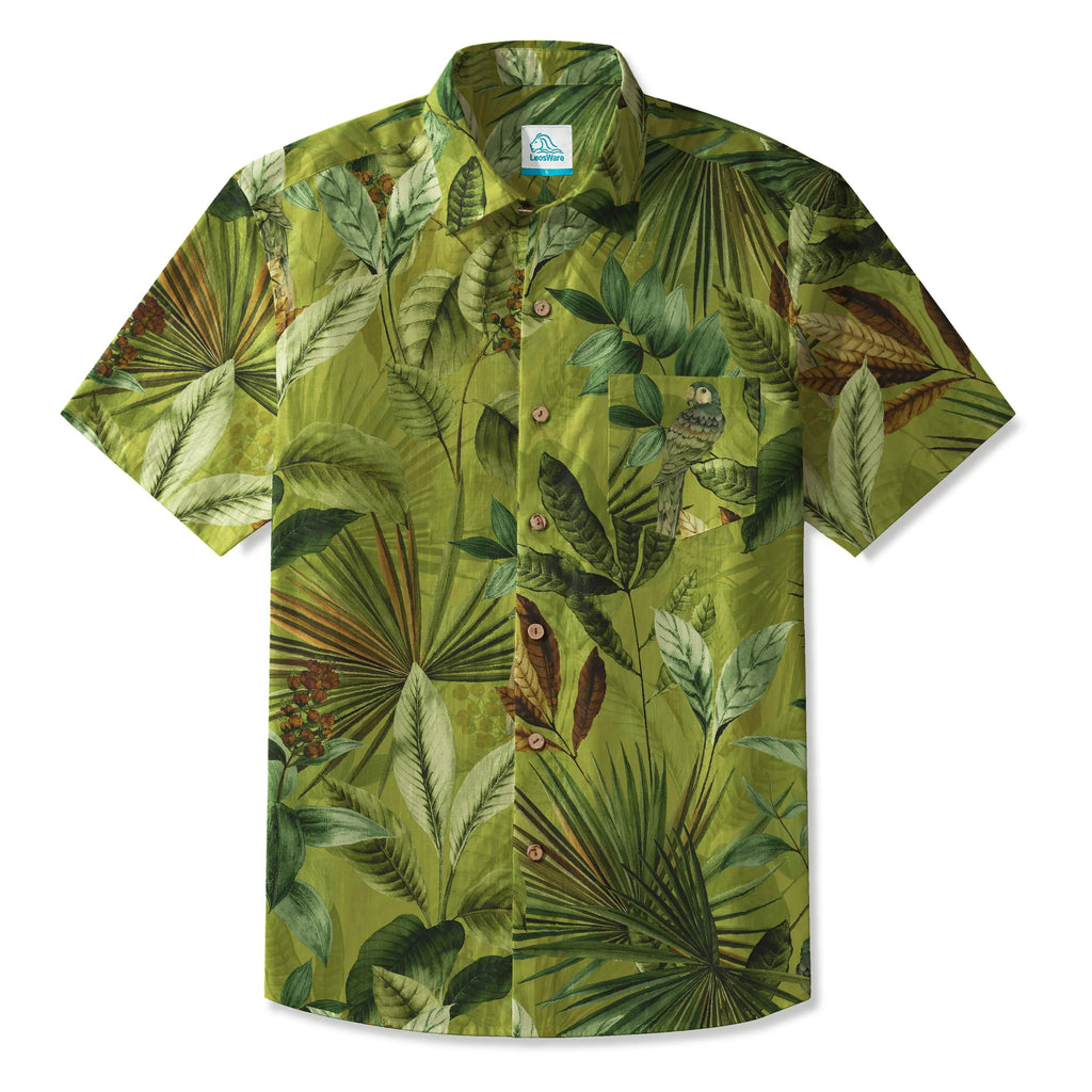 Chemise hawaïenne pour homme LeosWare® à manches courtes, boutonnée, 100 % coton, verte, Aloha, perroquet, paradis de la jungle par Huan huan