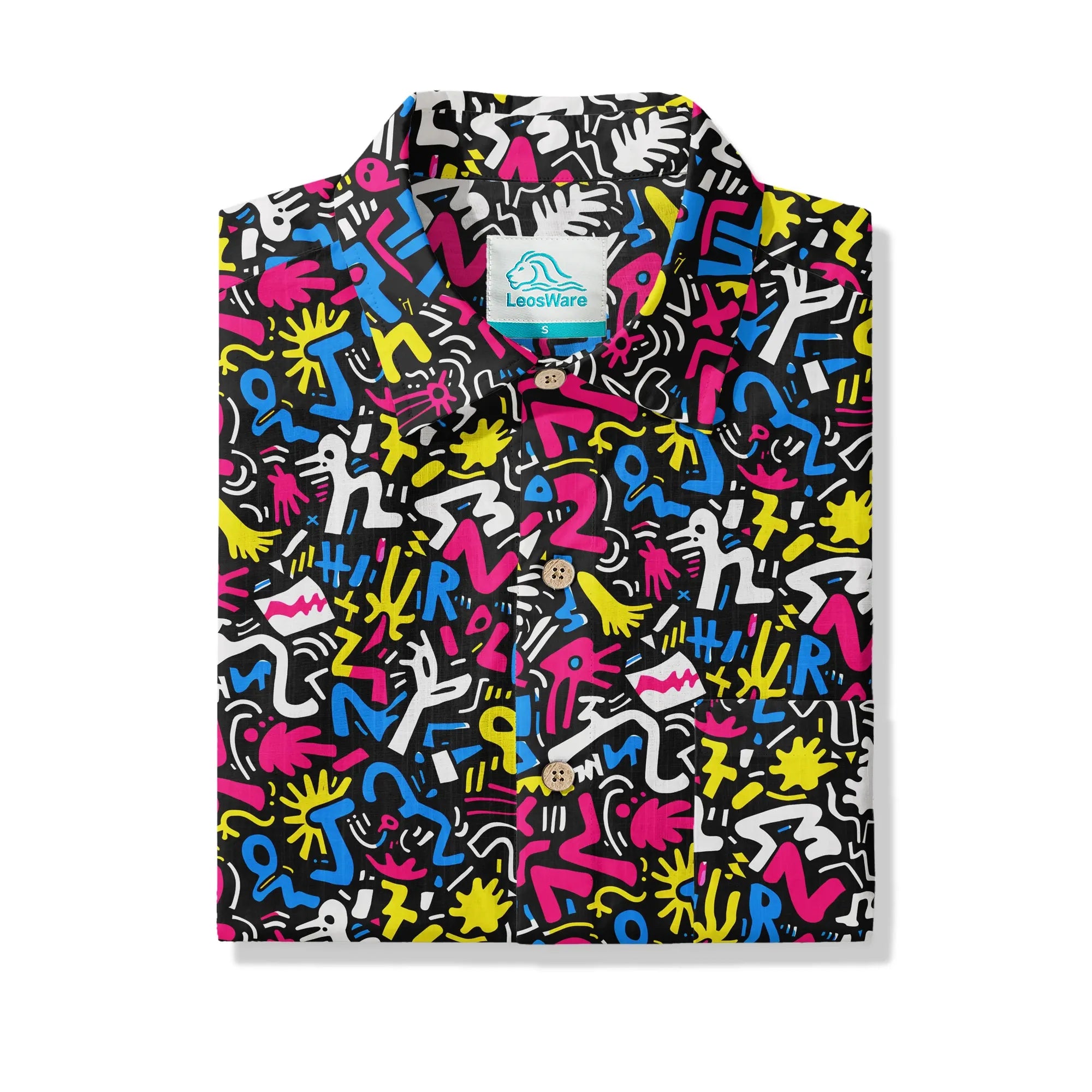 LeosWare® Men's Hawaiian Shirt Short Sleeve Button-up 100% Cotton Black Aloha Graffiti Fun By Ann