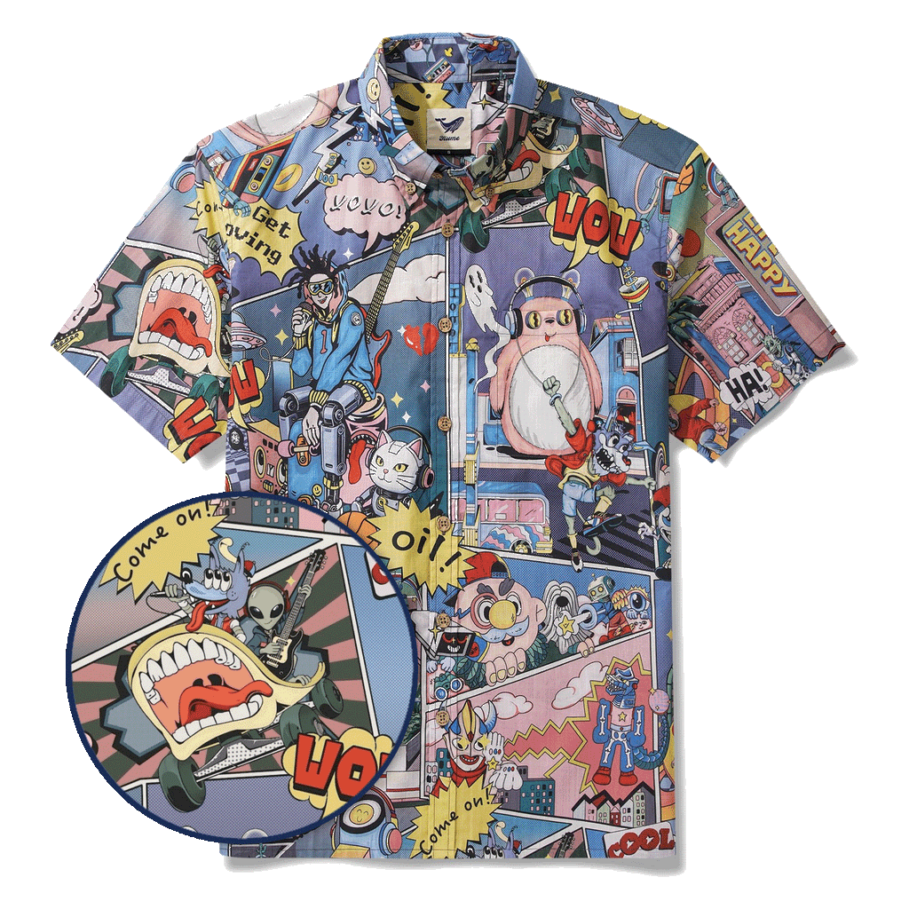 Alien Men's Hawaiian Shirt Short Sleeve Button-down 100% Cotton Blue Aloha Retro-futurism Jam By Huan huan