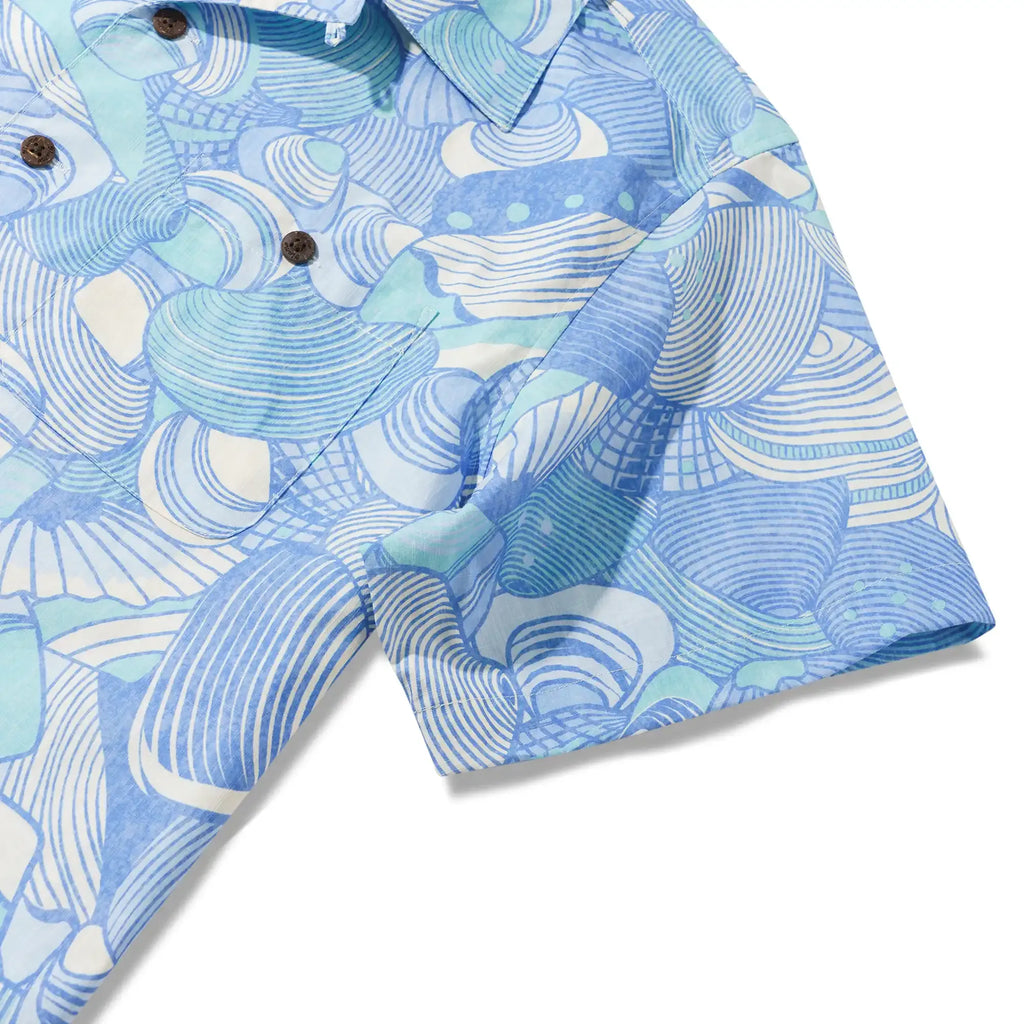 Men's Hawaiian Shirt Short Sleeve Camp Collar 100% Cotton Blue Aloha Lost In Seashells By Roochita Chachra