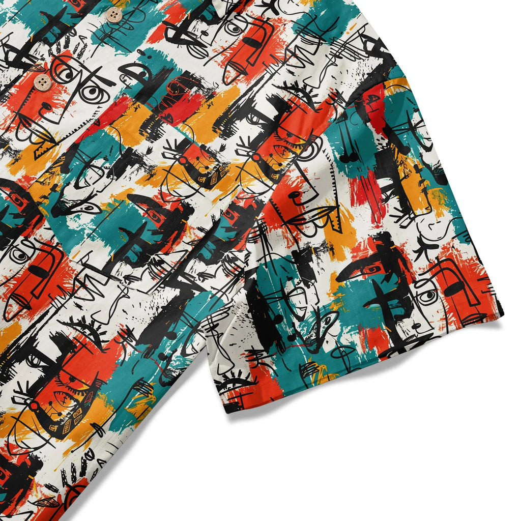 LeosWare® Men's Hawaiian Shirt Short Sleeve Button-up 100% Cotton Aloha Face Doodle By Ann