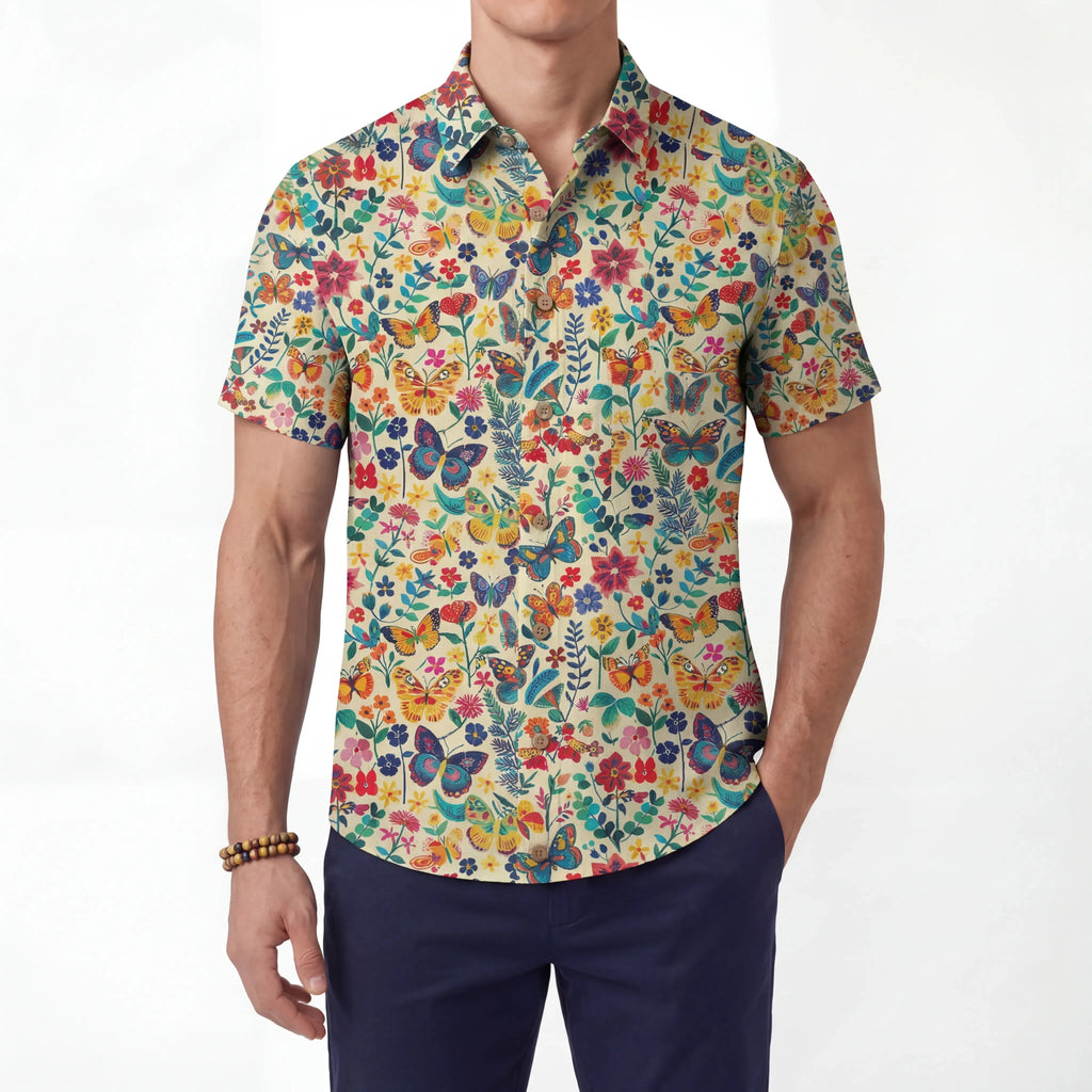 Chemise hawaïenne pour hommes LeosWare® à manches courtes avec boutons 100 % coton beige Aloha Butterflies Whispers In Full Bloom par Ann