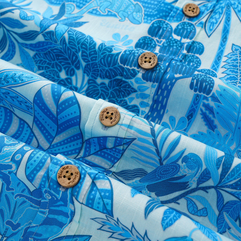 Men's Blue Hawaiian Shirt Tropical Shirt Short Sleeve Button-down 100% Cotton Blue Aloha Jungle Paradise By Huan huan