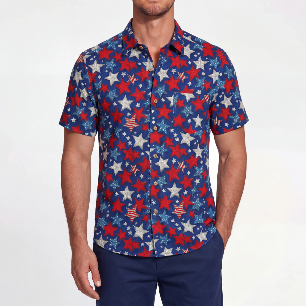 LeosWare® Men's Hawaiian Shirt Short Sleeve Button-up 100% Cotton Blue Aloha Stellar Summer Comics By Ann