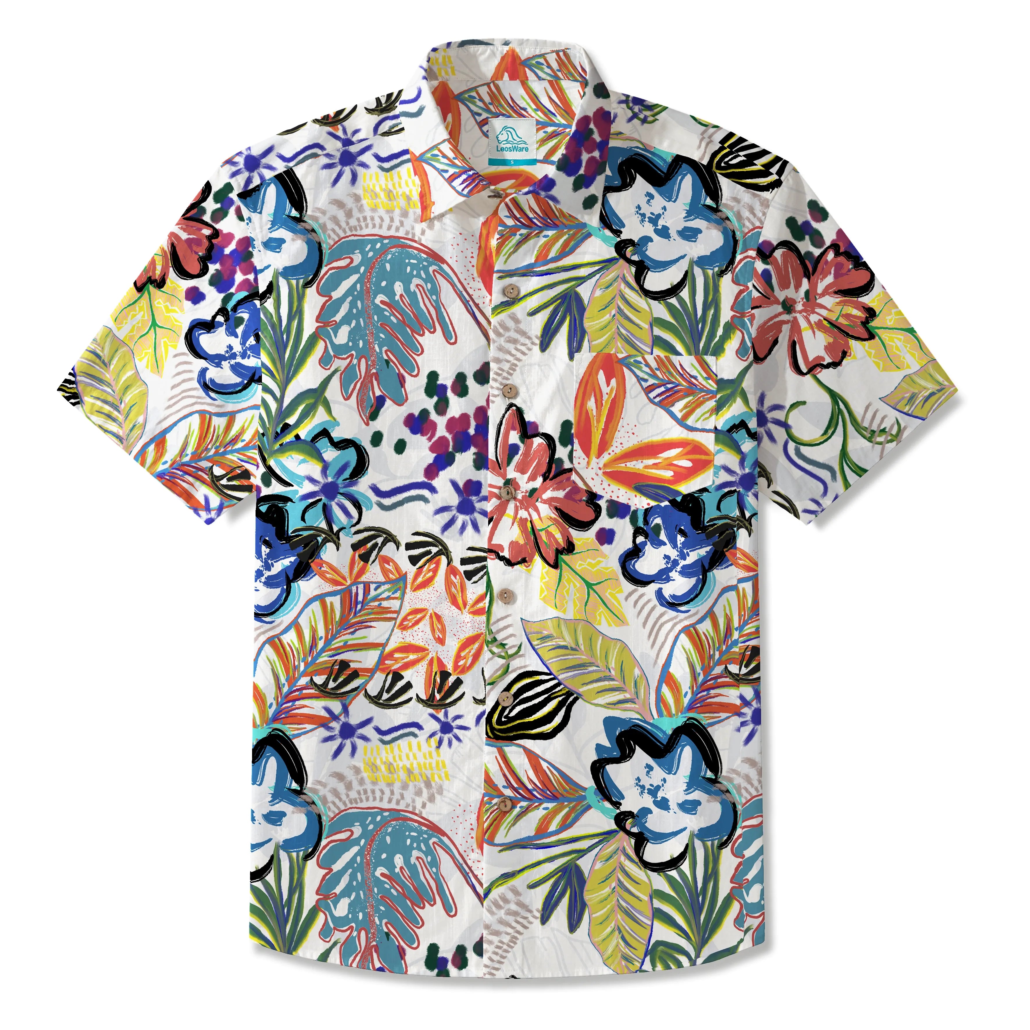 LeosWare® Men's Hawaiian Shirt Short Sleeve Button-up 100% Cotton White Aloha Wild Whimsical Graffiti By Patch