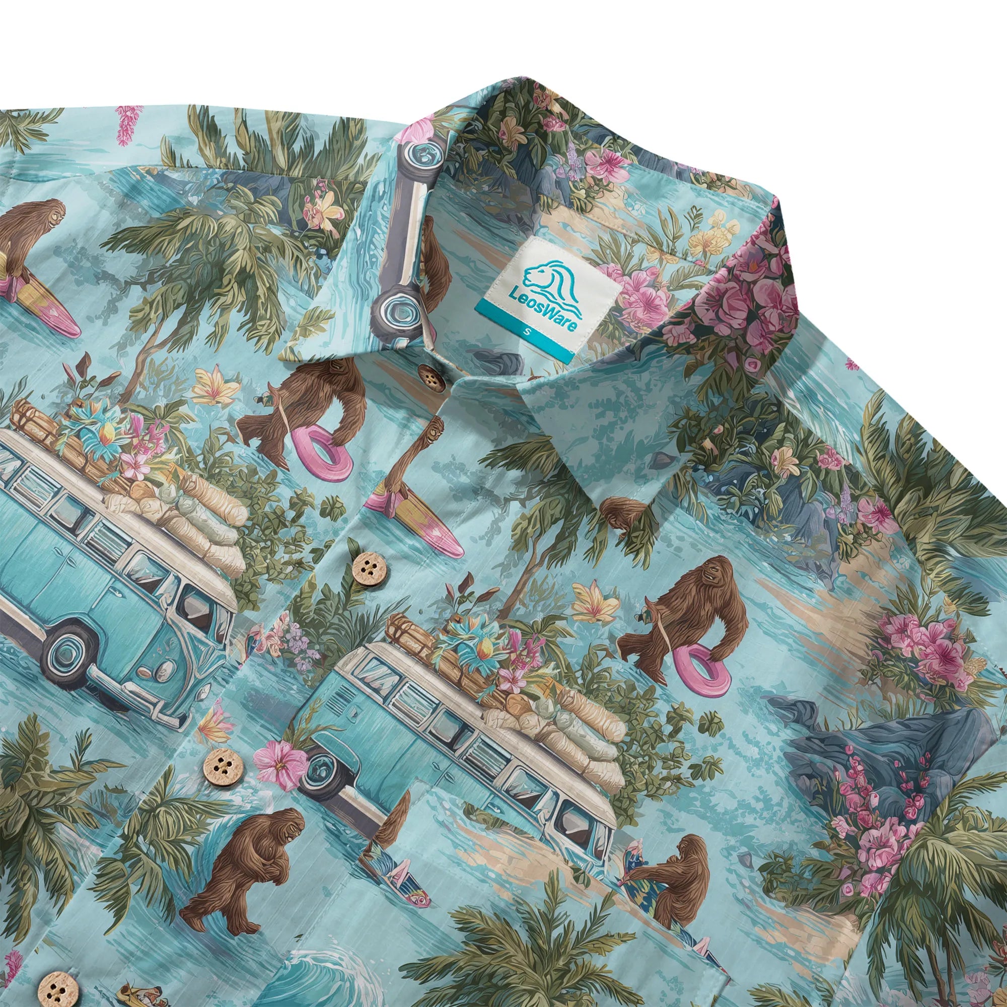 LeosWare® Men's Hawaiian Shirt Short Sleeve Button-up 100% Cotton Blue Aloha Tropical Drift Of Bigfoot By Ann