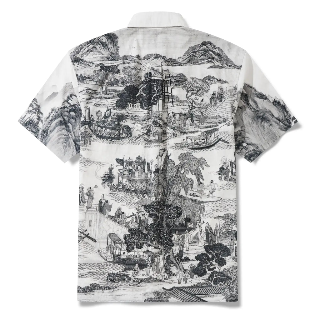 Men's Hawaiian Shirt Short Sleeve Button-down 100% Cotton Black Aloha Oriental Inkscape By DUDU