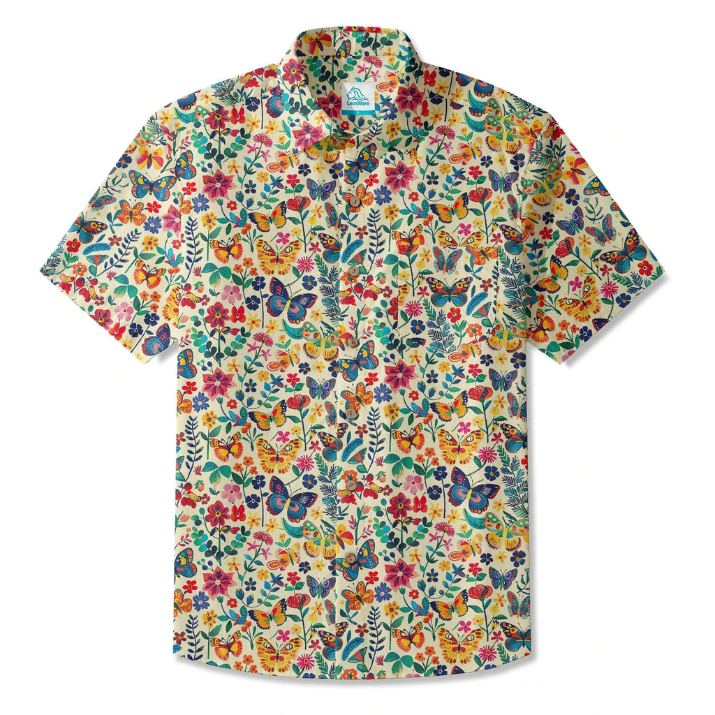 Chemise hawaïenne pour hommes LeosWare® à manches courtes avec boutons 100 % coton beige Aloha Butterflies Whispers In Full Bloom par Ann