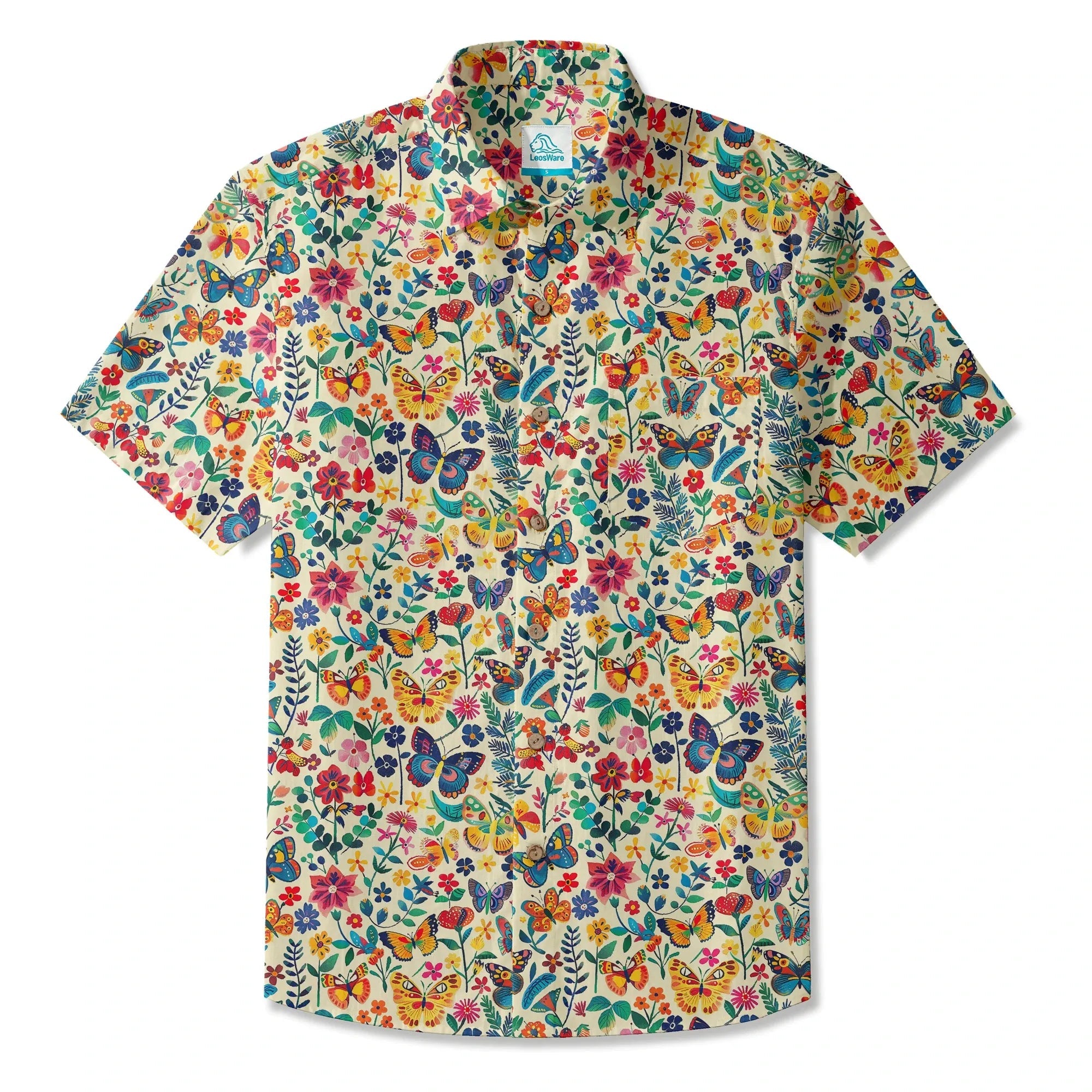 Chemise hawaïenne pour hommes LeosWare® à manches courtes avec boutons 100 % coton beige Aloha Butterflies Whispers In Full Bloom par Ann