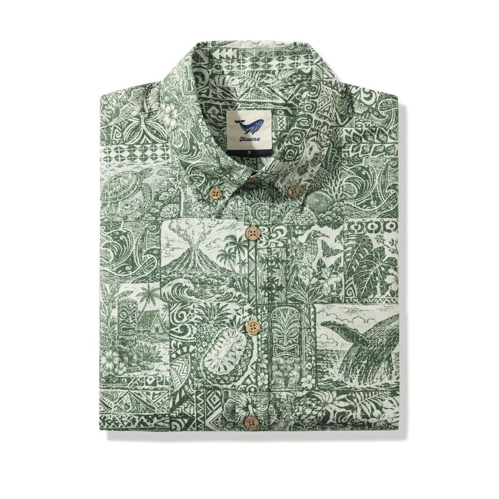 Men's Hawaiian Shirt Short Sleeve Button-down 100% Cotton Green Aloha Tiki Isle Archive - Sage green By Cigar