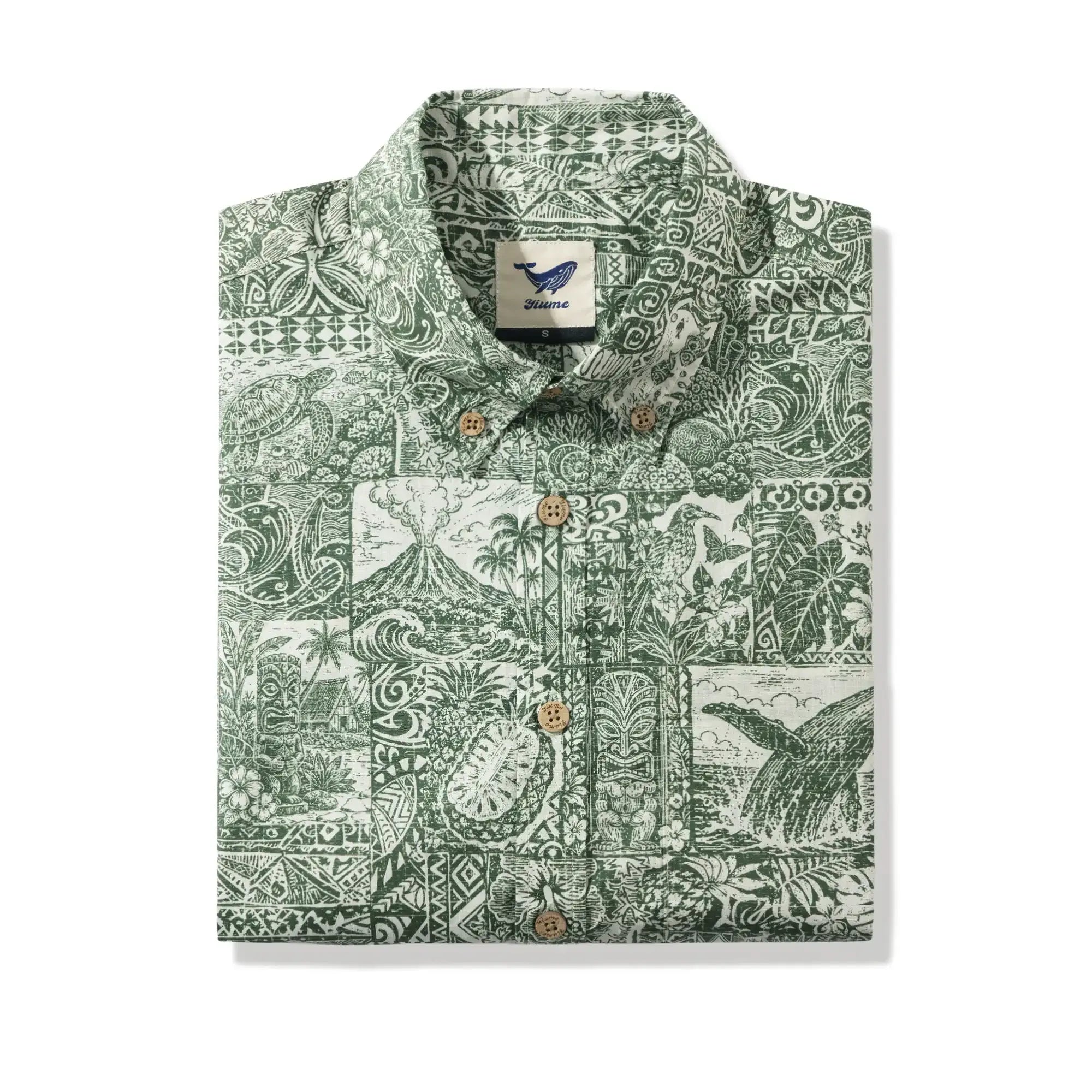 Men's Hawaiian Shirt Short Sleeve Button-down 100% Cotton Green Aloha Tiki Isle Archive - Sage green By Cigar