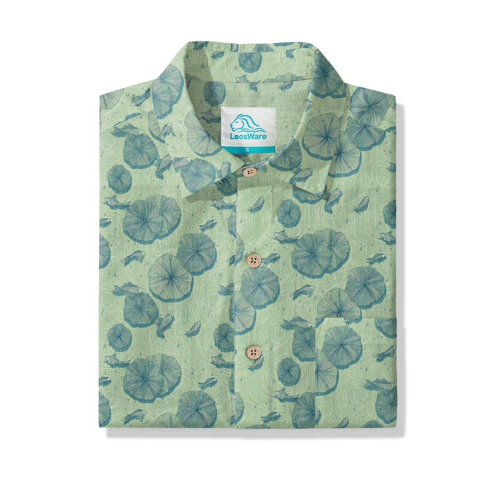 LeosWare® Chemise Hawaïenne pour Homme à Manches Courtes Boutonnée 100% Coton Vert Aloha Étang de Lotus en Début d'Été Par Ann