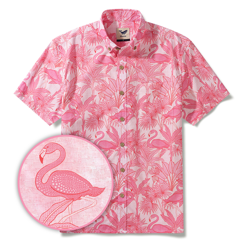Yiume Men's Pink Hawaiian Shirt Flamingos Shirt 100% Cotton Short Sleeve Button-down Shirt Aloha Flamingos & Chameleons By House of Haricot