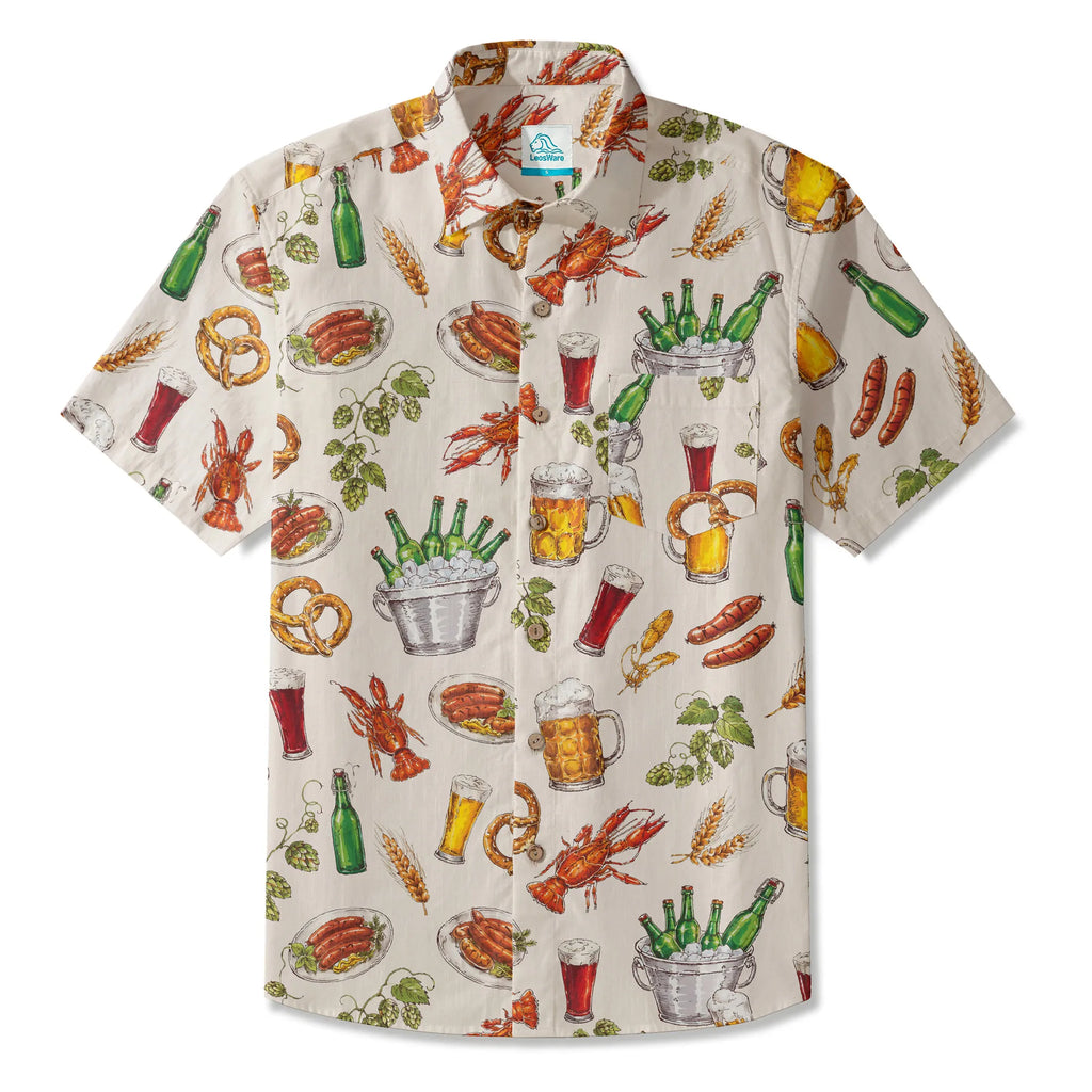 LeosWare® Men's Hawaiian Shirt Short Sleeve Button-up 100% Cotton Beige Aloha Beer Festival Feast Carnival By Ann