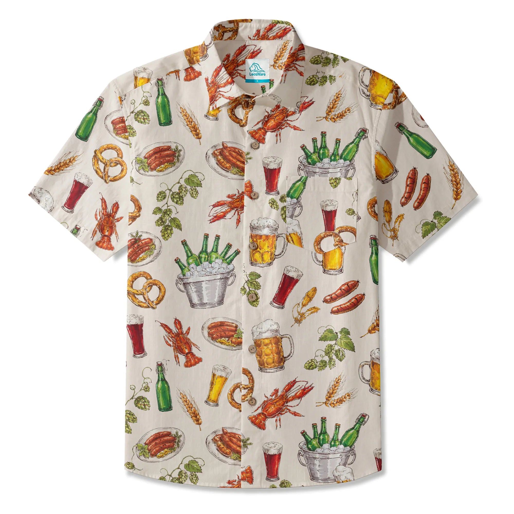 LeosWare® Men's Hawaiian Shirt Short Sleeve Button-up 100% Cotton Beige Aloha Beer Festival Feast Carnival By Ann