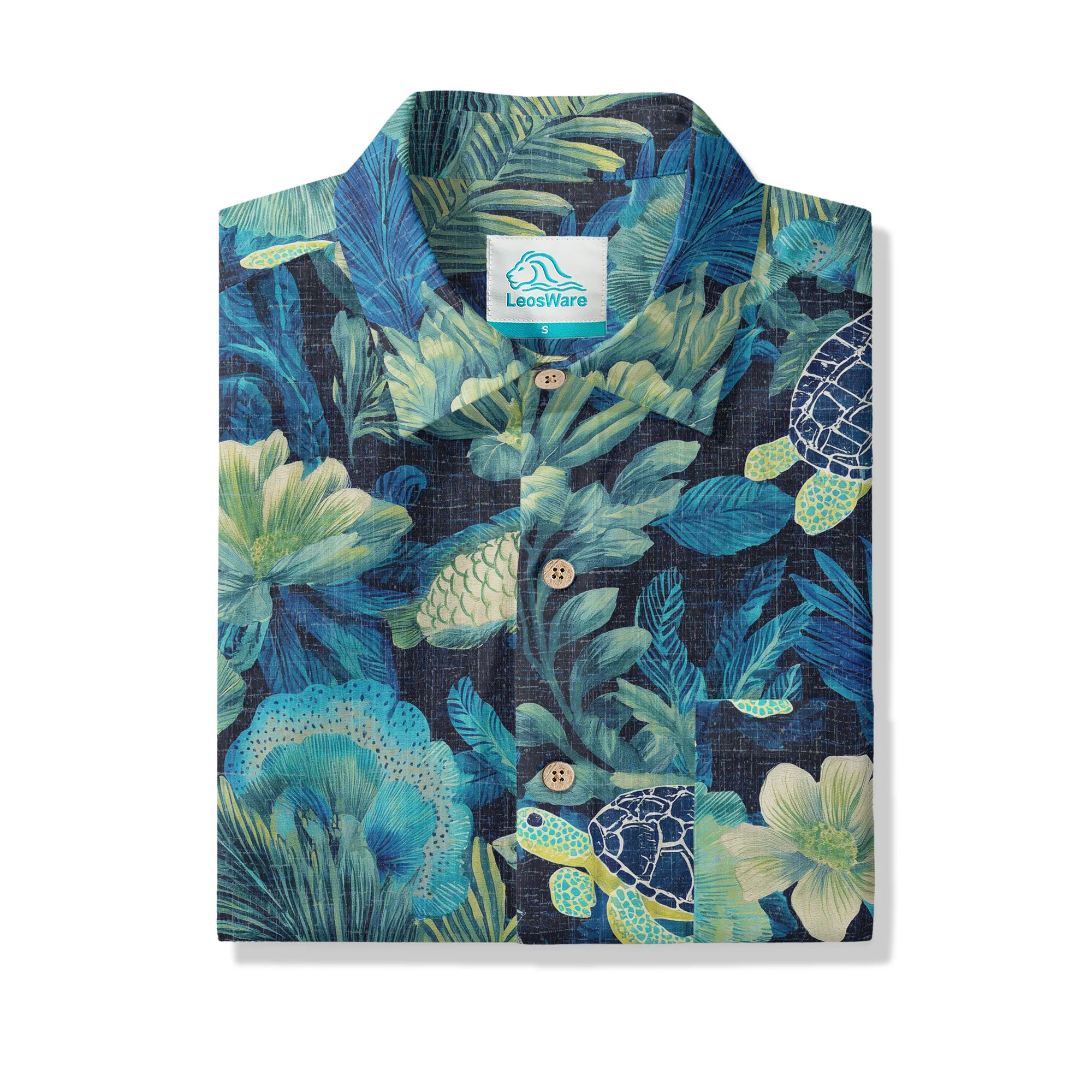 LeosWare® Men's Hawaiian Shirt Short Sleeve Button-up 100% Cotton Blue Aloha Deep Sea Flowers And Turtles By Ann