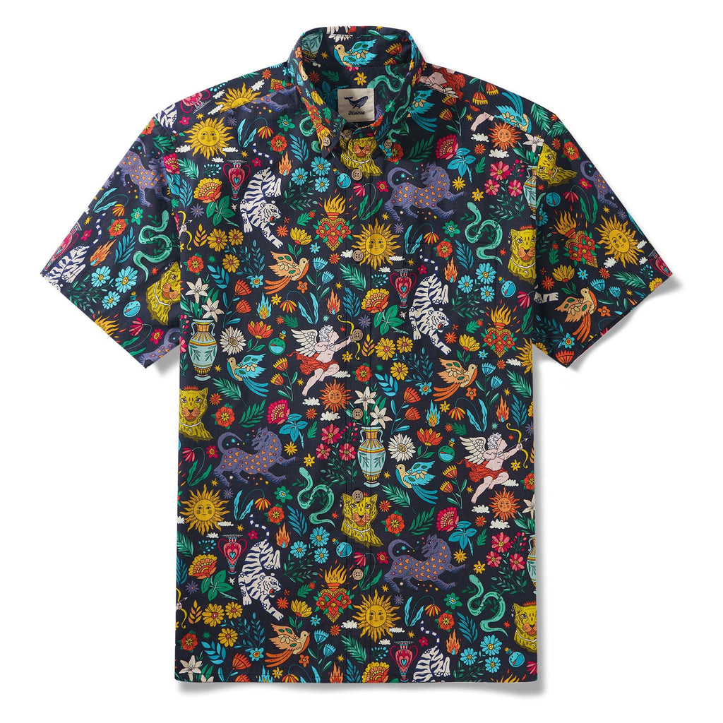 Valentine's Day Gift Mythical Adventure 100% Cotton Men's Short Sleeve Button-down Shirt Aloha Hawaiian Cupid's Curious Voyage By Susie
