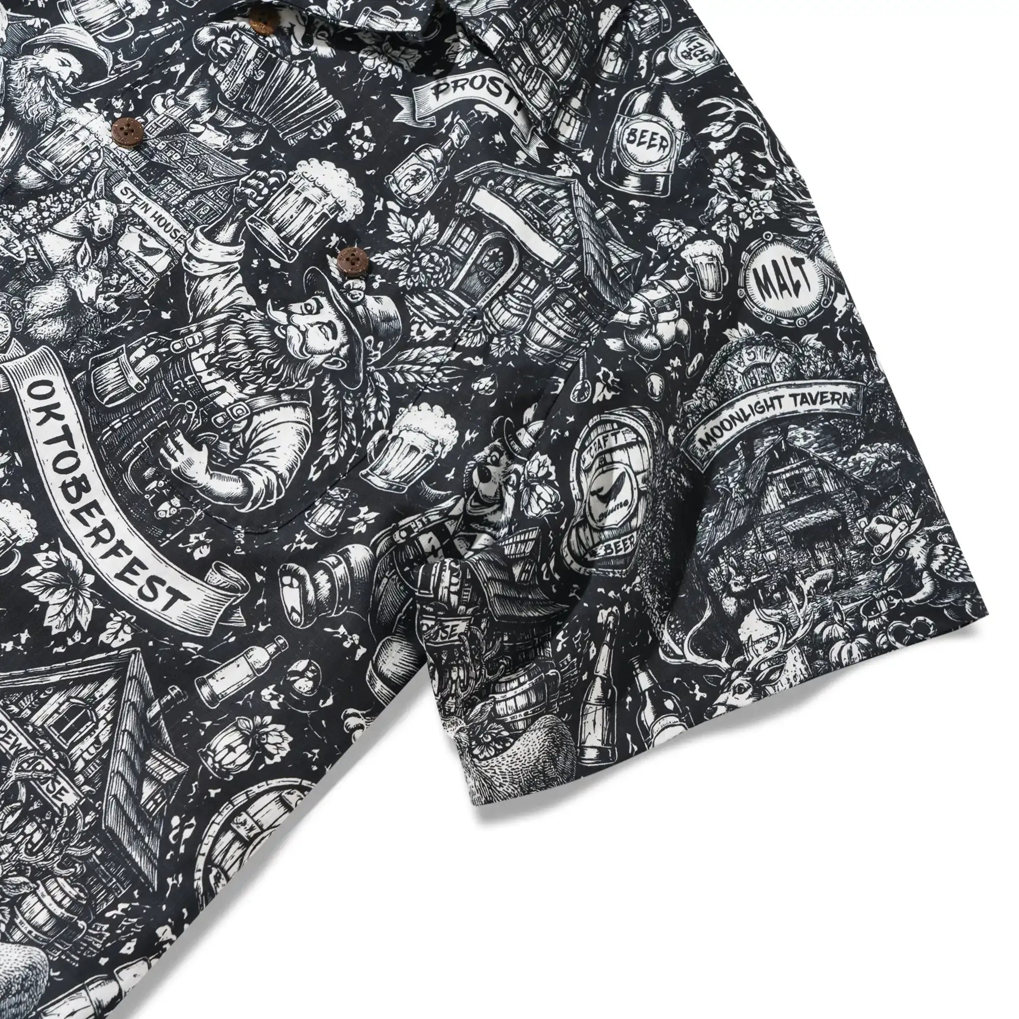 Men's Hawaiian Shirt Short Sleeve Camp Collar 100% Cotton Black Aloha Tavern Revelry Night By DUDU