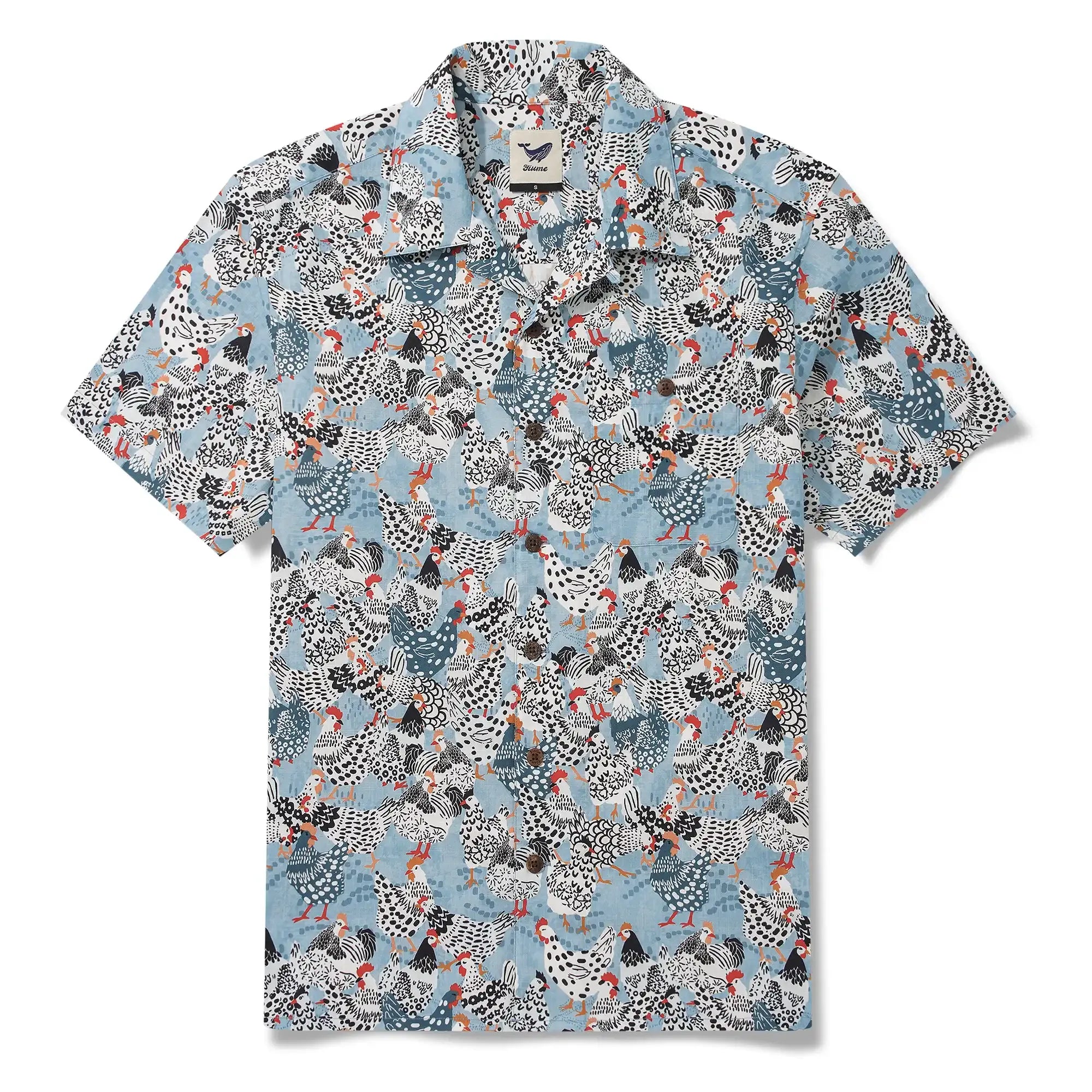 Men's Hawaiian Shirt Short Sleeve Camp Collar 100% Cotton Blue Aloha Clucking Chicken Friends By Annick
