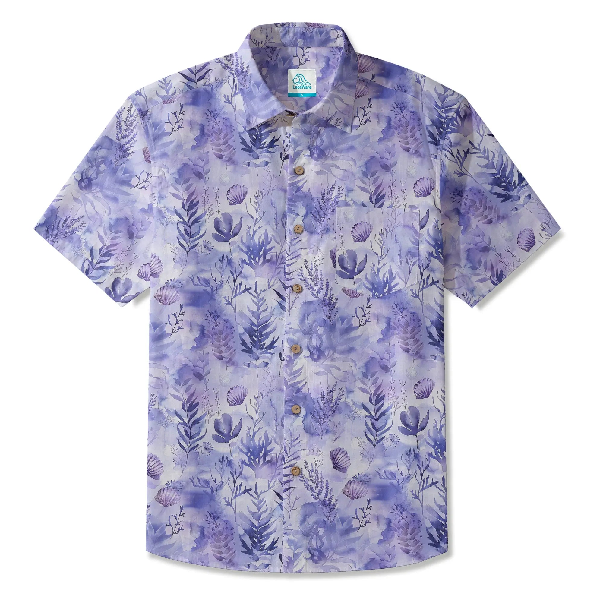 LeosWare® Men's Hawaiian Shirt Short Sleeve Button-up 100% Cotton Purple Aloha Purple Mist Seaweed By Ann