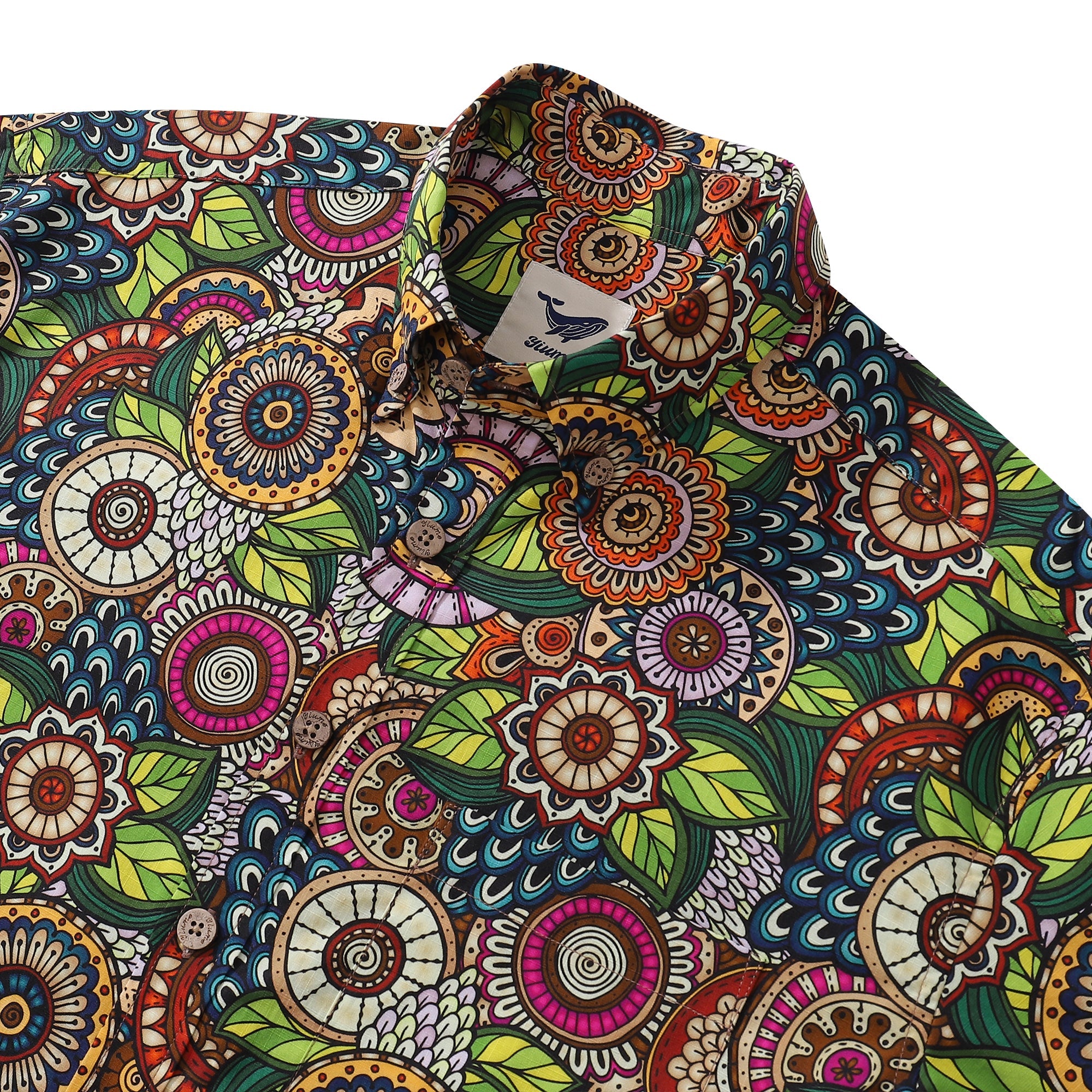 Mandala Hawaiian Shirt For Men Bohemian Florals Print Shirt Button-down Short Sleeve 100% Cotton Shirt By Cigar