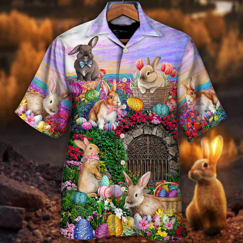 Easter Rabbit Chilling In The Flower Landscape Watercolor Style - Hawaiian Shirt