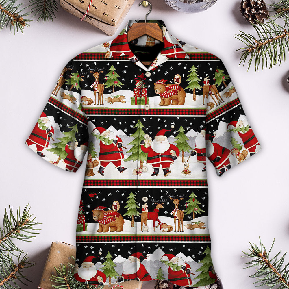 Christmas Happy Night With Santa Reindeer And Bear - Hawaiian Shirt