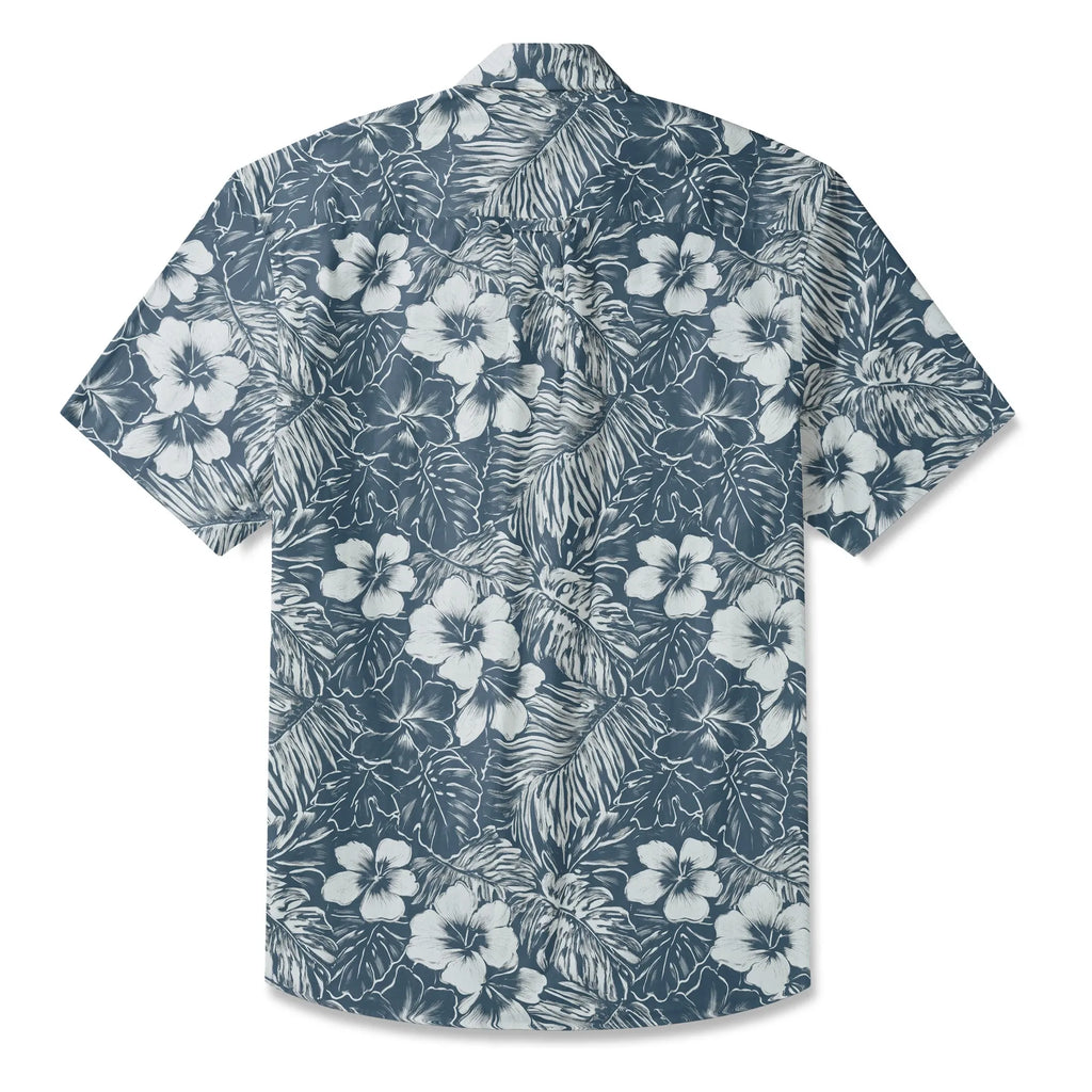 LeosWare® Hibiscus Flower Men's Hawaiian Shirt Short Sleeve Button-up 100% Cotton Blue Aloha Blue Ink Flower Shadows By Ann