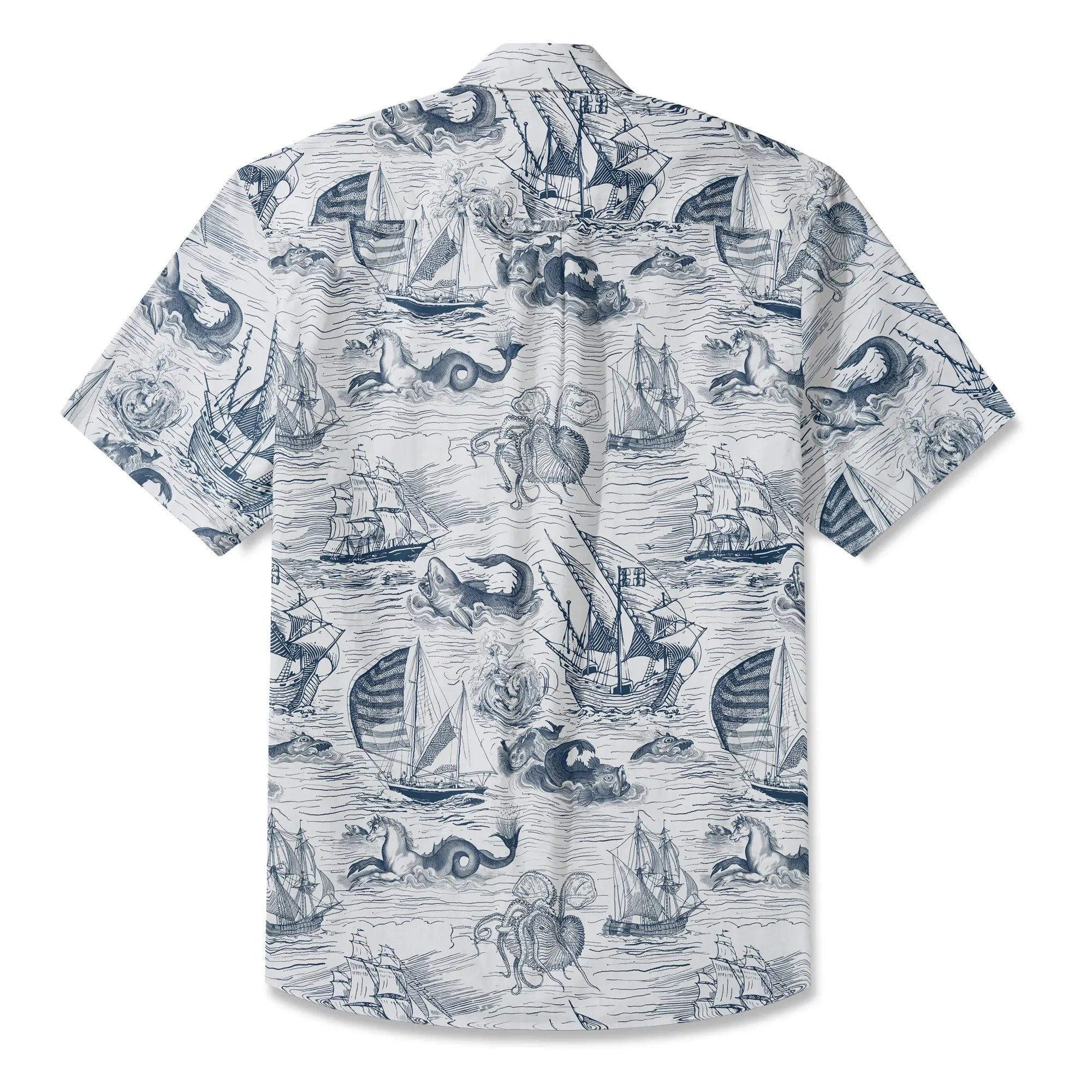 LeosWare® Myth Men's Hawaiian Shirt Short Sleeve Button-up 100% Cotton Blue Aloha Antiquity Sea Expedition By Ann
