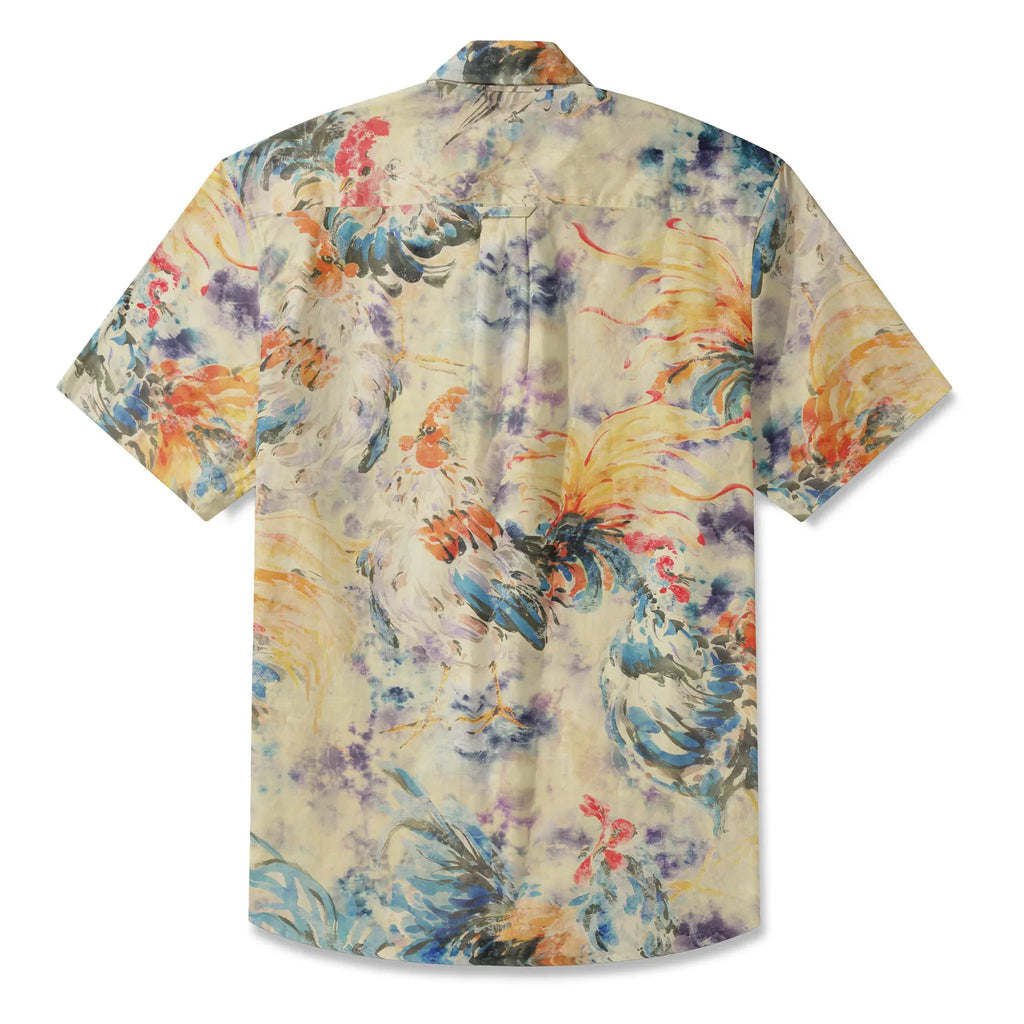 LeosWare® Men's Hawaiian Shirt Short Sleeve Button-up 100% Cotton Orange Aloha Enchanting Rooster By Huan huan