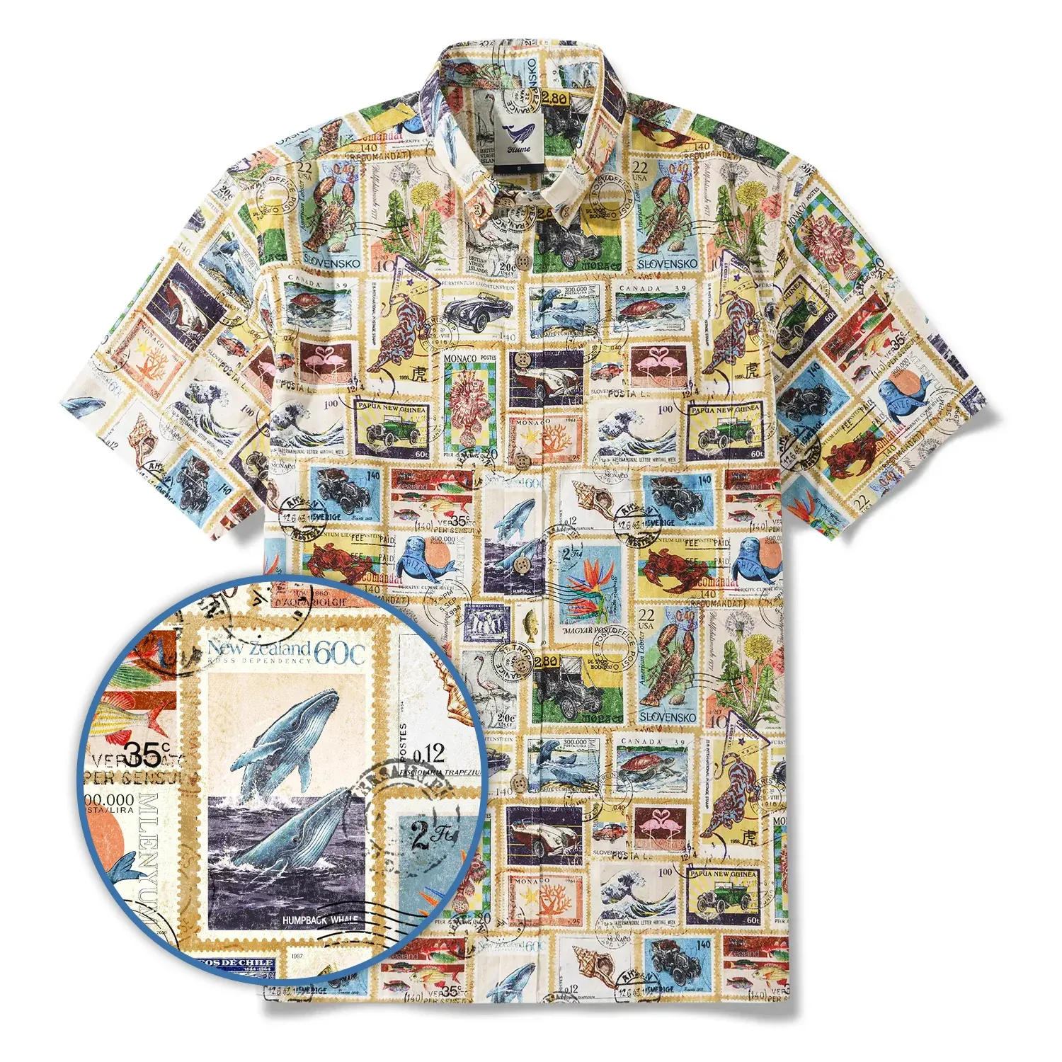 Men's Hawaiian Shirt Short Sleeve Button-down 100% Cotton White Aloha Nautical Vintage Car Postage Stamp Collage By Huan huan