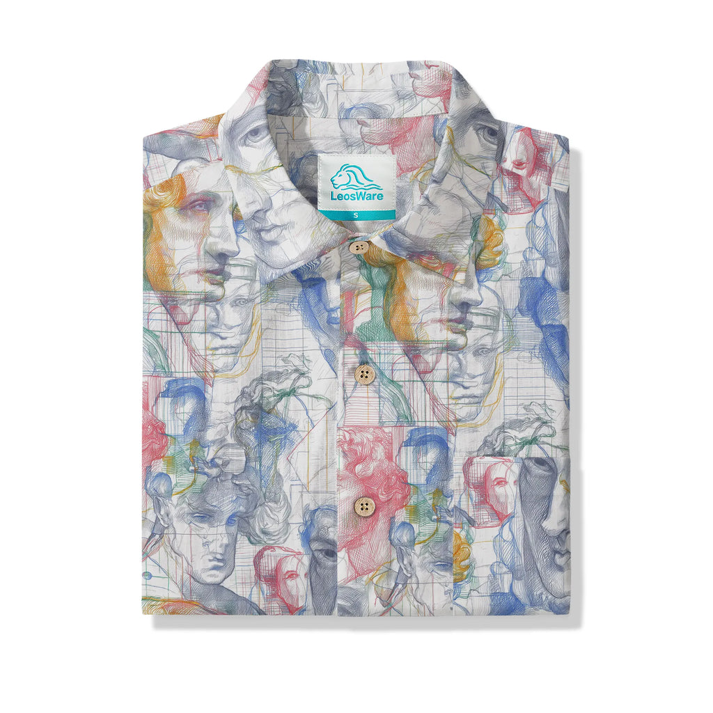 LeosWare® Men's Hawaiian Shirt Short Sleeve Button-up 100% Cotton White Aloha Master Sketch Fantasia By Ann