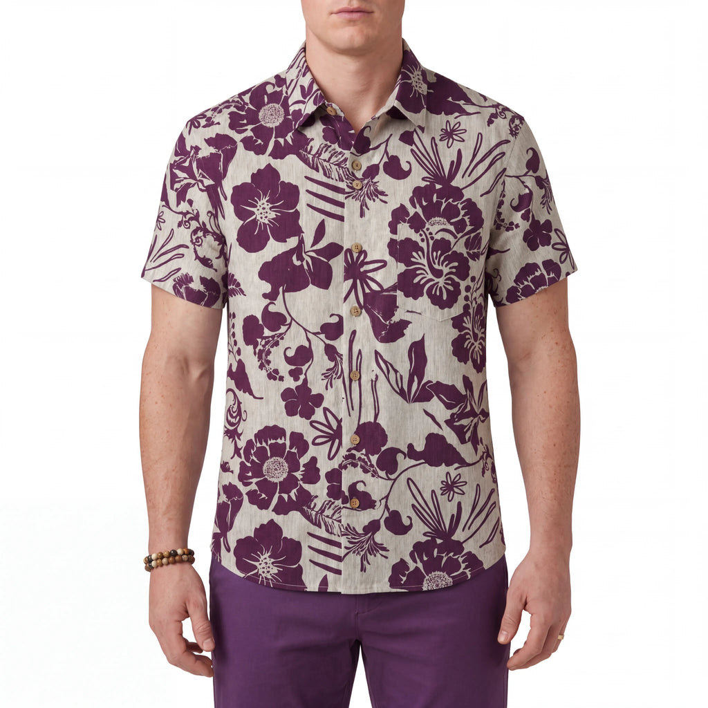 LeosWare® Men's Hawaiian Shirt Short Sleeve Button-up 100% Cotton Red Aloha Floral Silhouette By Huan huan
