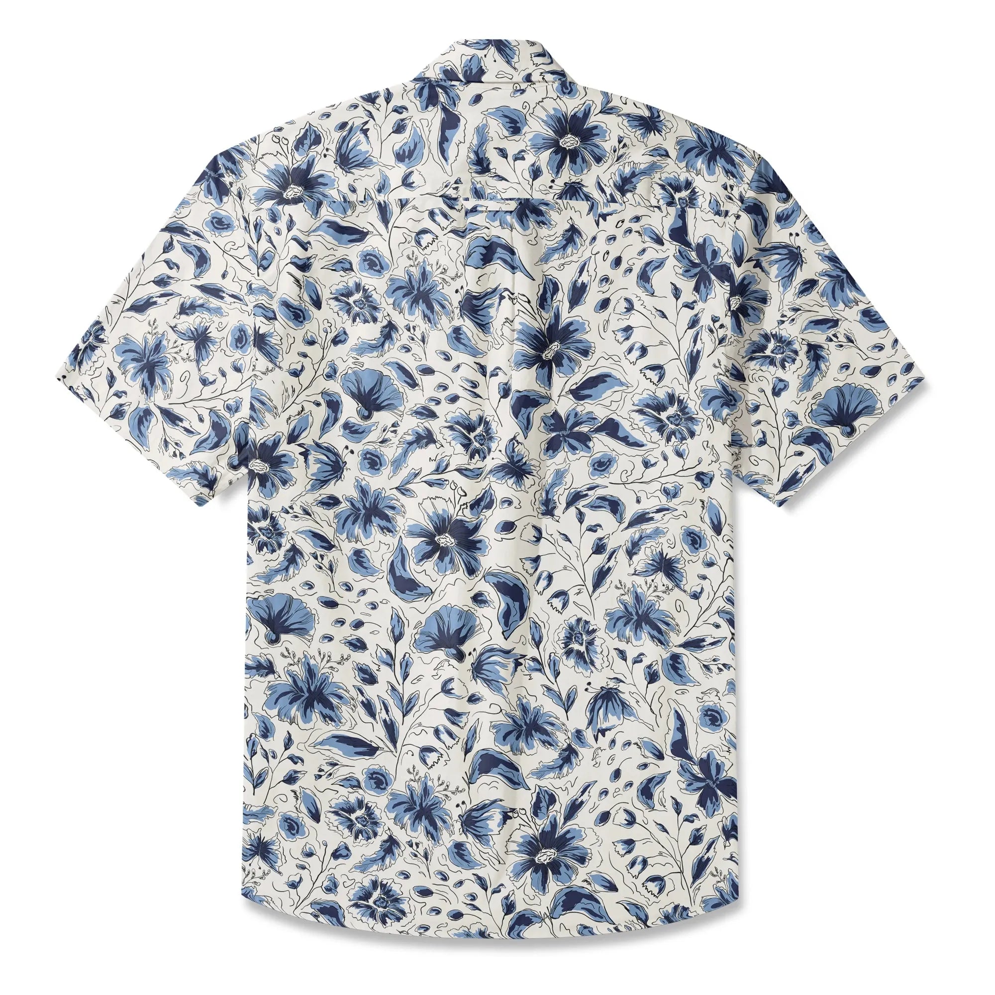 LeosWare® Men's Hawaiian Shirt Short Sleeve Button-up 100% Cotton Blue Aloha Indigo Blooms By Huan huan