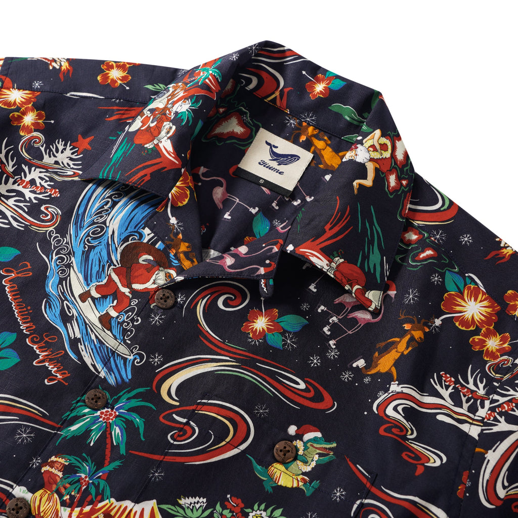 Men's Hawaiian Shirt Short Sleeve Camp Collar 100% Cotton Blue Aloha Christmas In Hawaii By Zeke