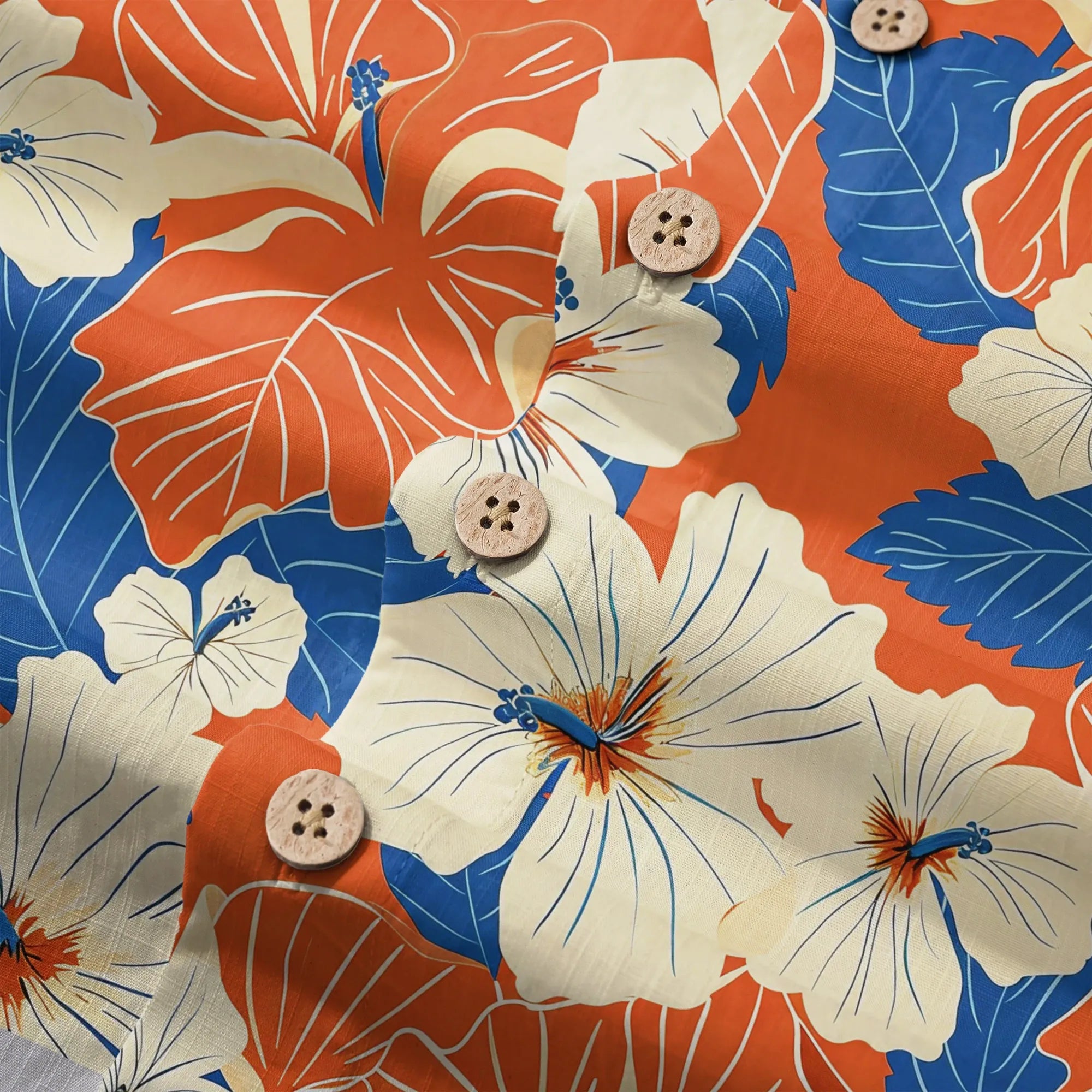 LeosWare® Men's Hawaiian Shirt Short Sleeve Button-up 100% Cotton Orange Aloha Orange Blue Hibiscus Whispers By Ann