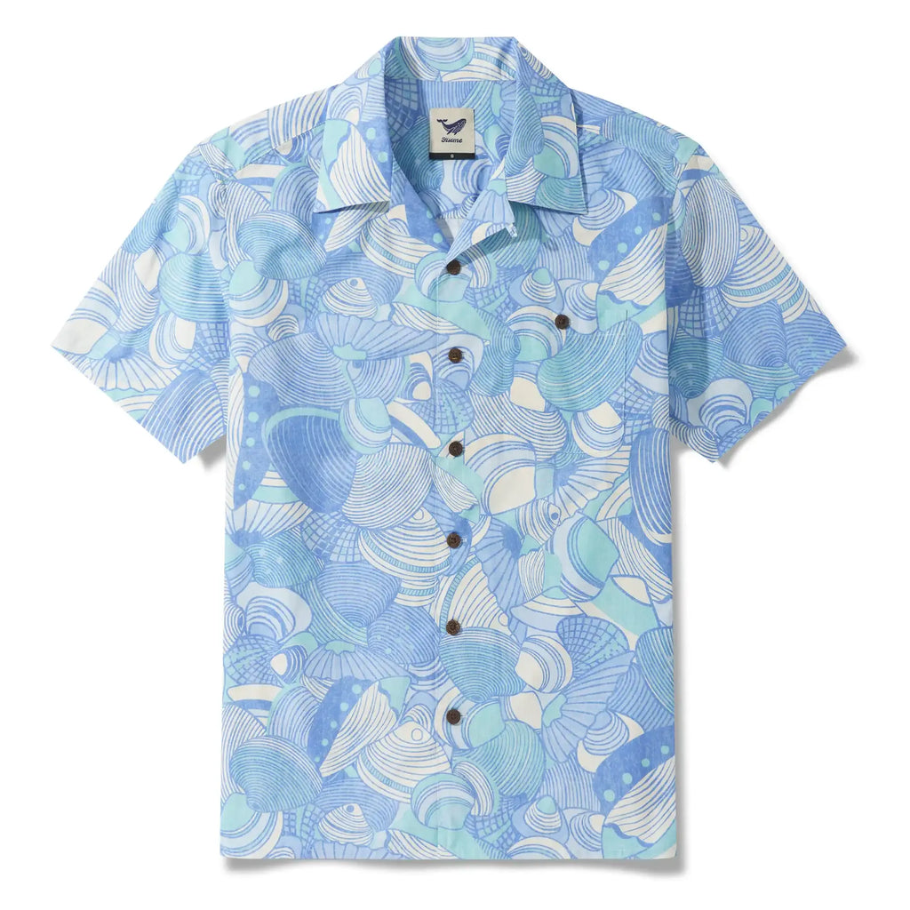 Men's Hawaiian Shirt Short Sleeve Camp Collar 100% Cotton Blue Aloha Lost In Seashells By Roochita Chachra
