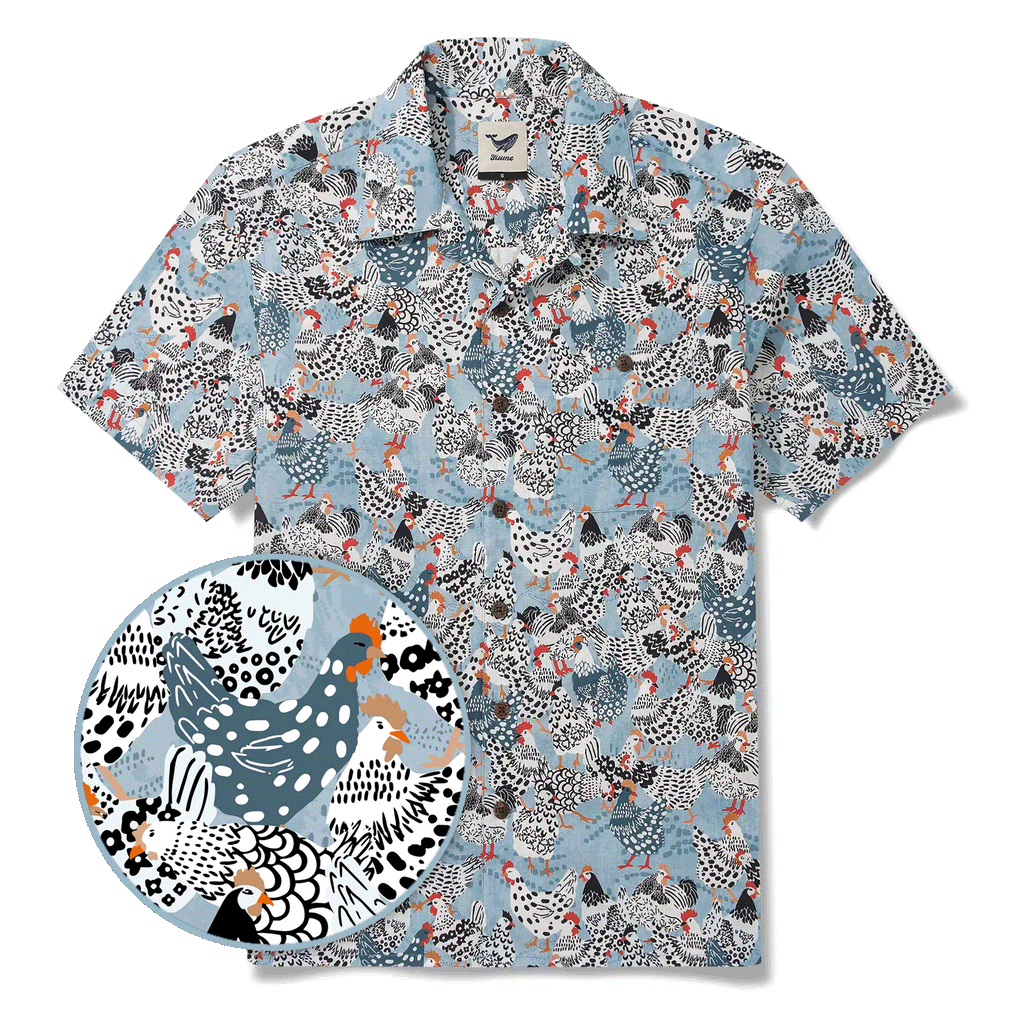Men's Hawaiian Shirt Short Sleeve Camp Collar 100% Cotton Blue Aloha Clucking Chicken Friends By Annick