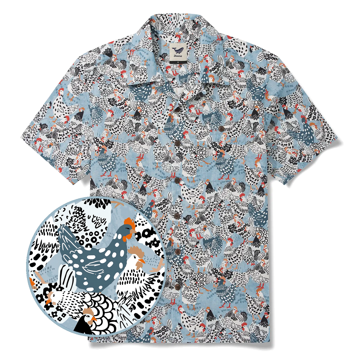Men's Hawaiian Shirt Short Sleeve Camp Collar 100% Cotton Blue Aloha Clucking Chicken Friends By Annick
