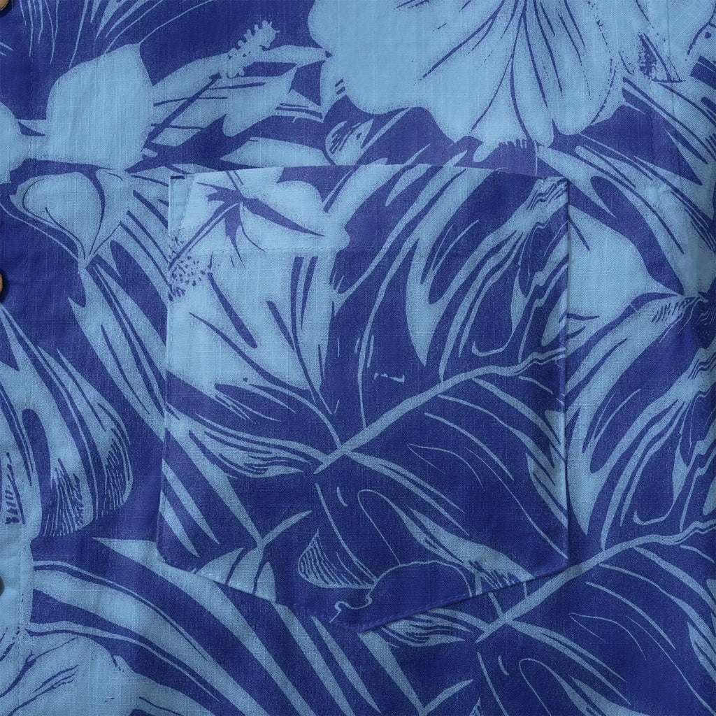 LeosWare® Hibiscus Flower Men's Hawaiian Shirt Short Sleeve Button-up 100% Cotton Blue Aloha Blue Serenity By Ann