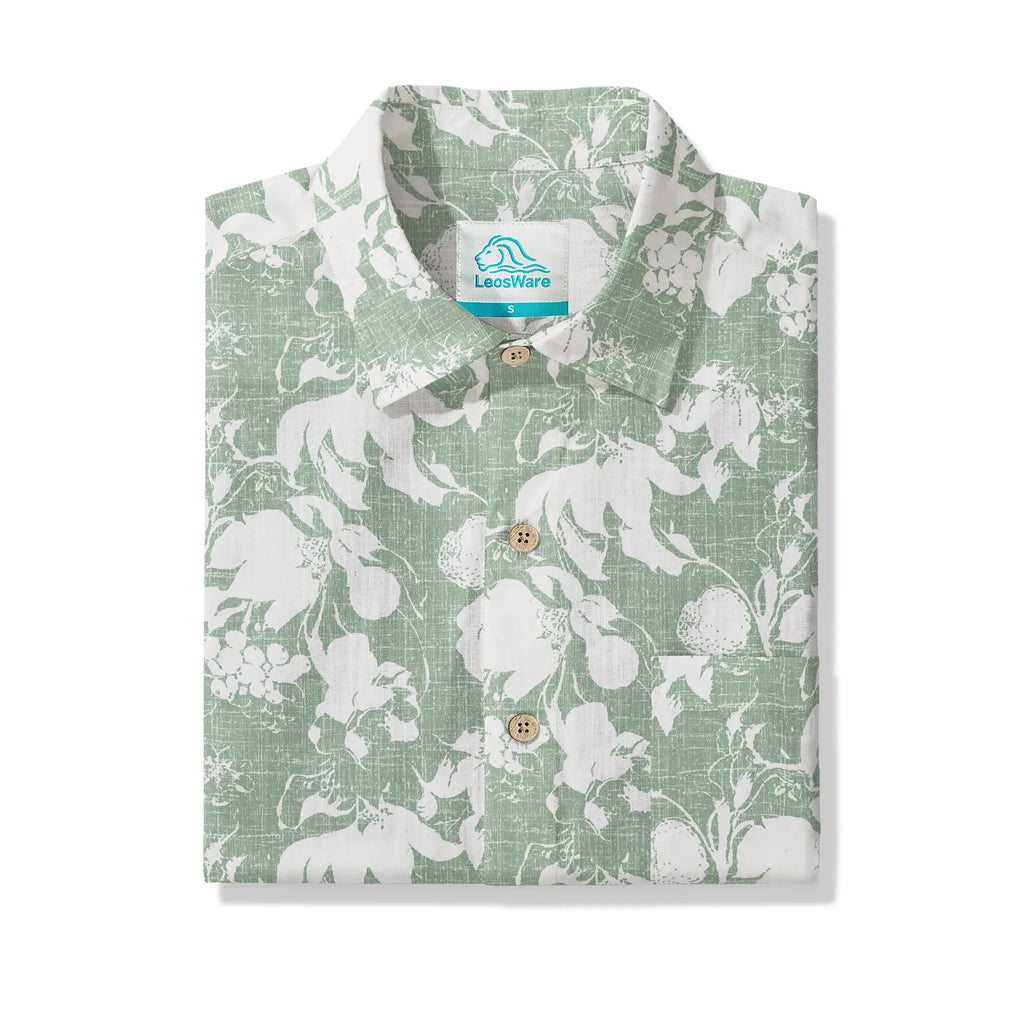 LeosWare® Flower Men's Hawaiian Shirt Short Sleeve Button-up 100% Cotton Green Aloha Verdant Memoirs By Ann